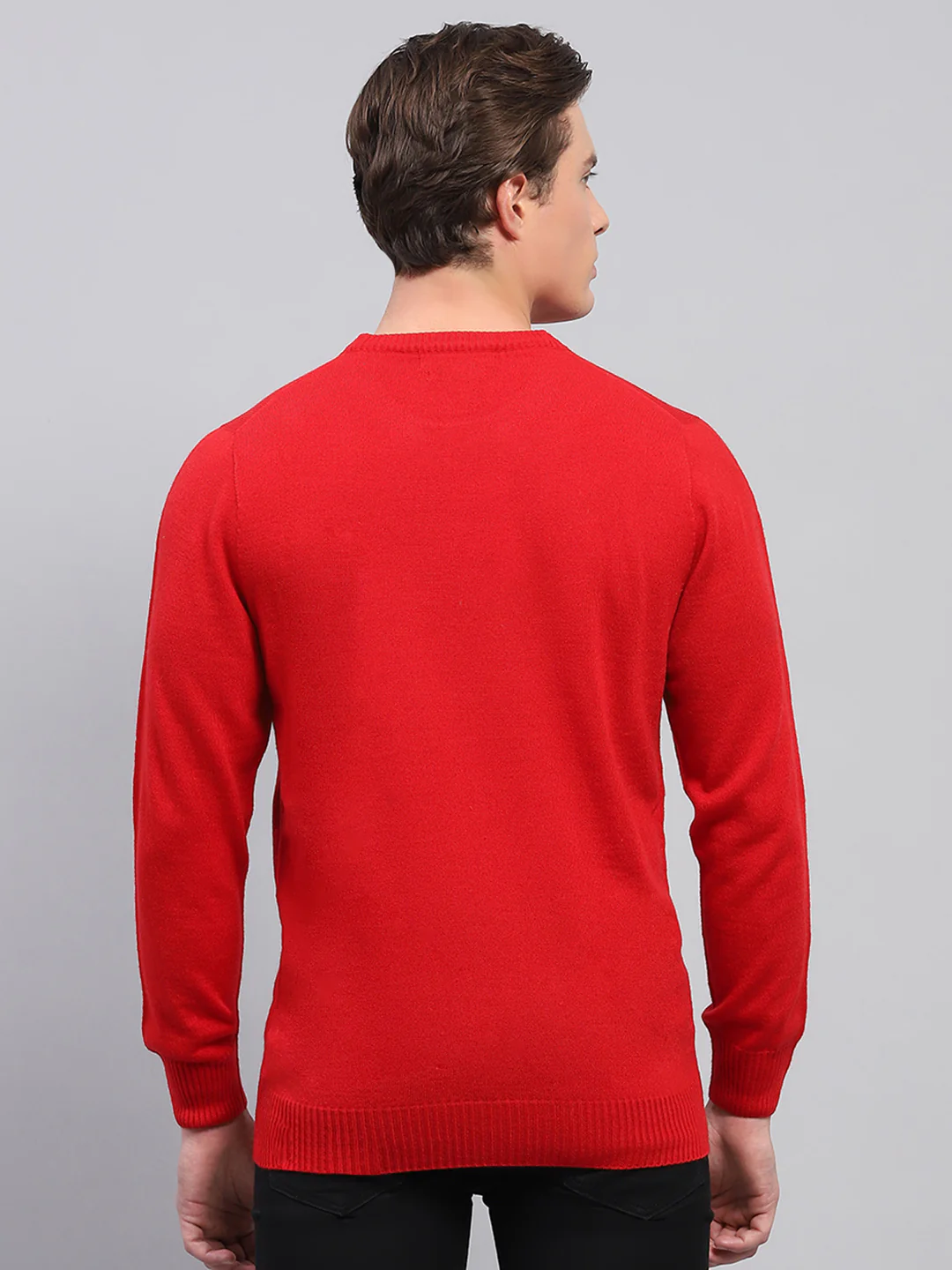 Men Red Solid Round Neck Full Sleeve Pullover - Image 5