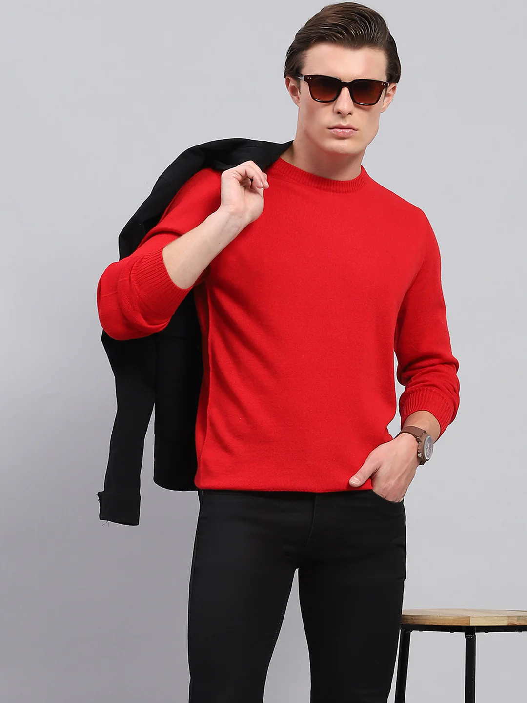 Men Red Solid Round Neck Full Sleeve Pullover - Image 6