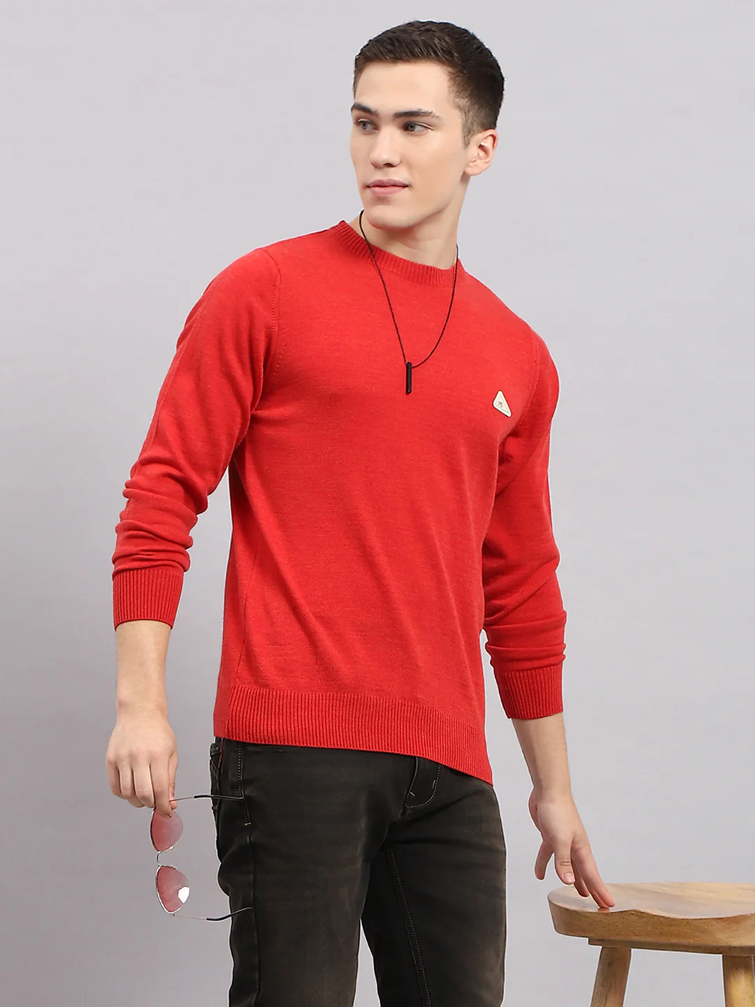Men Red Solid Round Neck Full Sleeve Pullover - Image 6