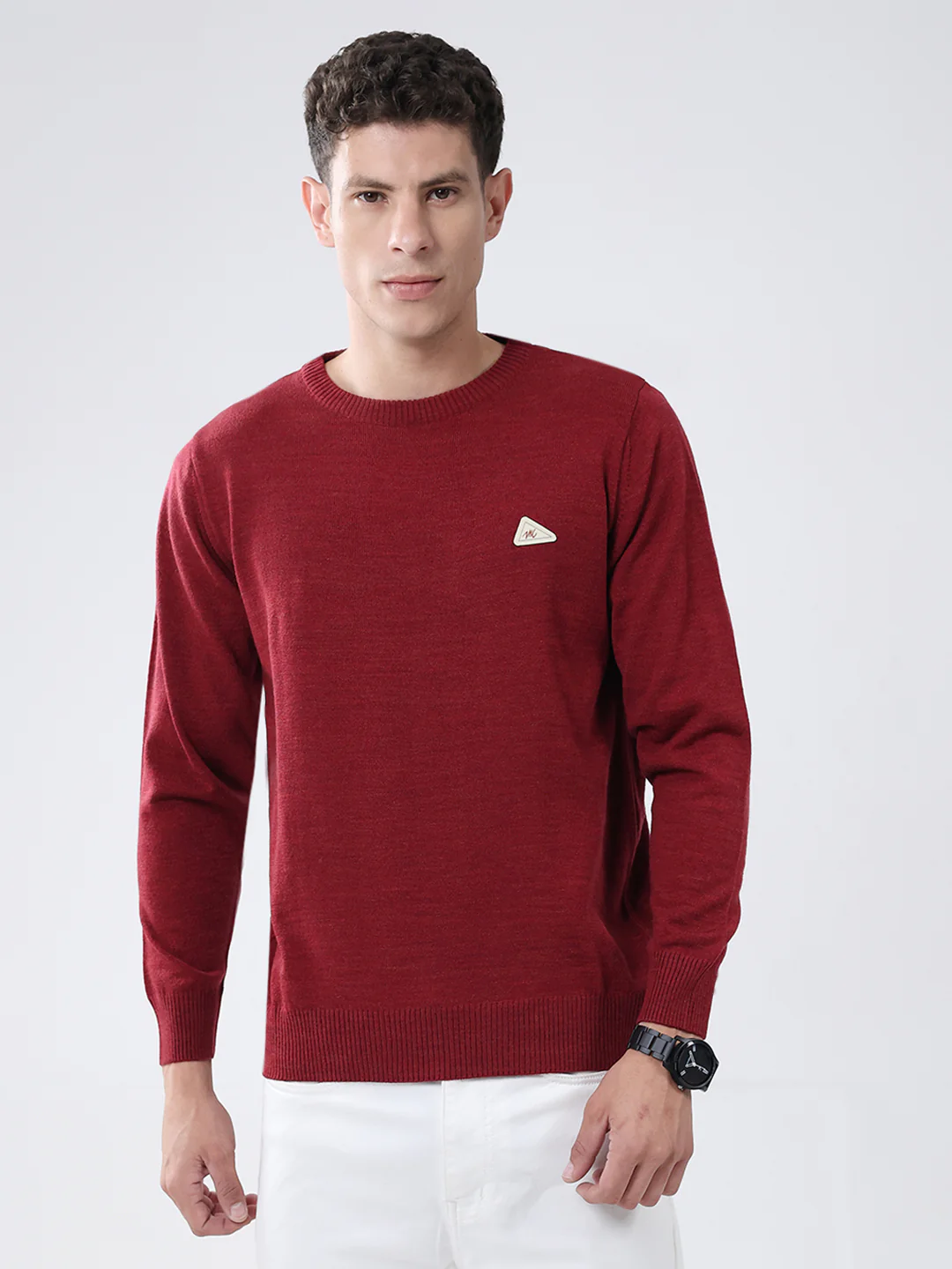 Men Red Solid Round Neck Full Sleeve Pullover