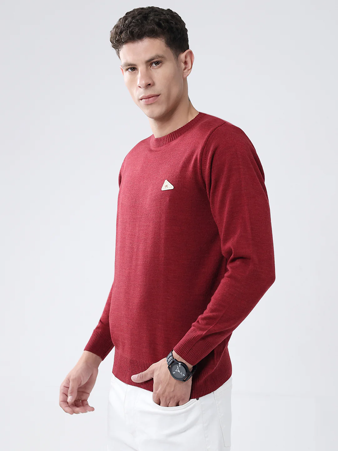 Men Red Solid Round Neck Full Sleeve Pullover - Image 3