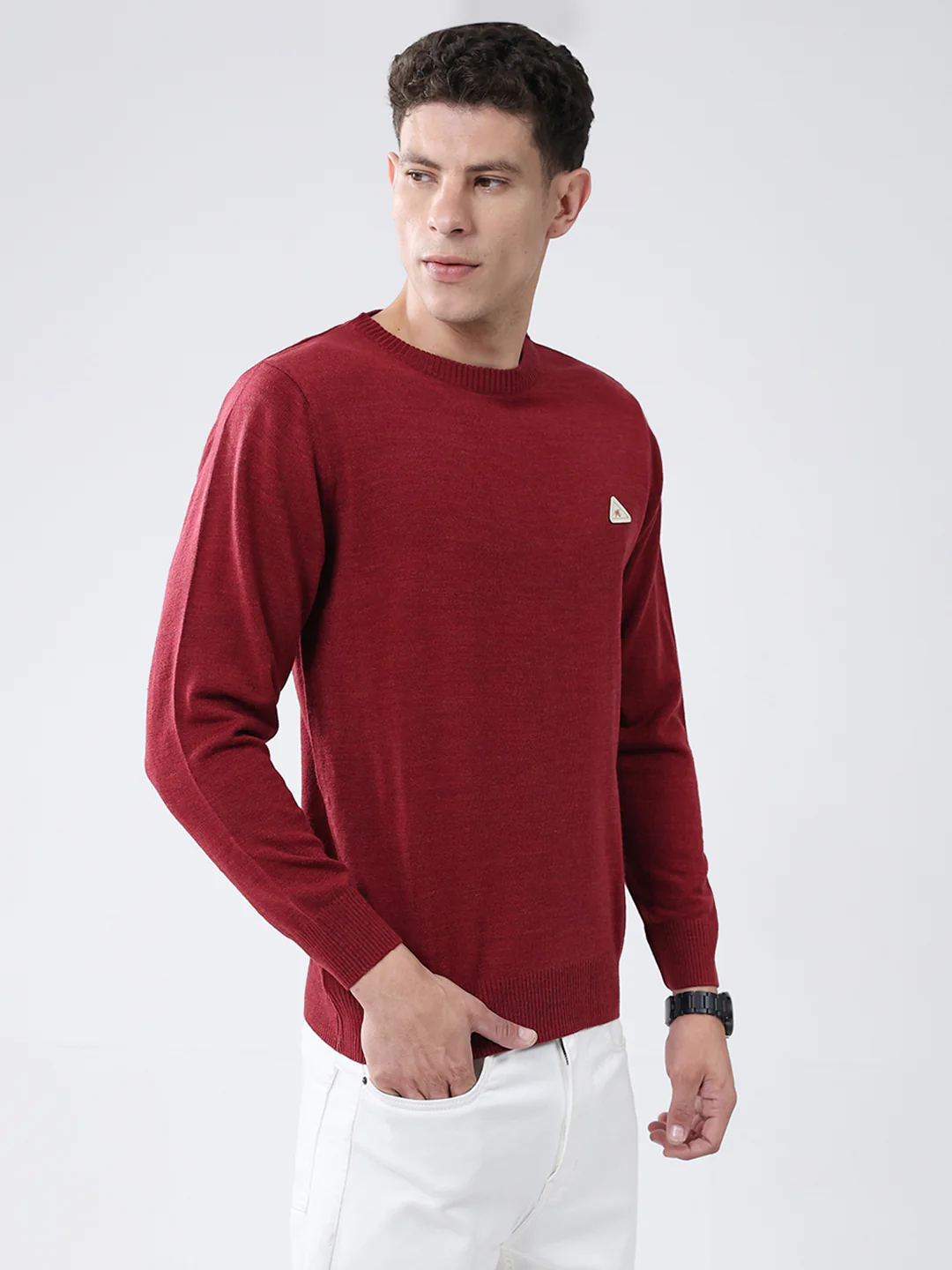 Men Red Solid Round Neck Full Sleeve Pullover - Image 4
