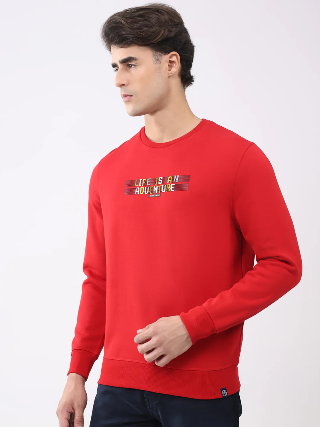 Men Red Solid Round Neck Full Sleeve Sweatshirt - Image 3