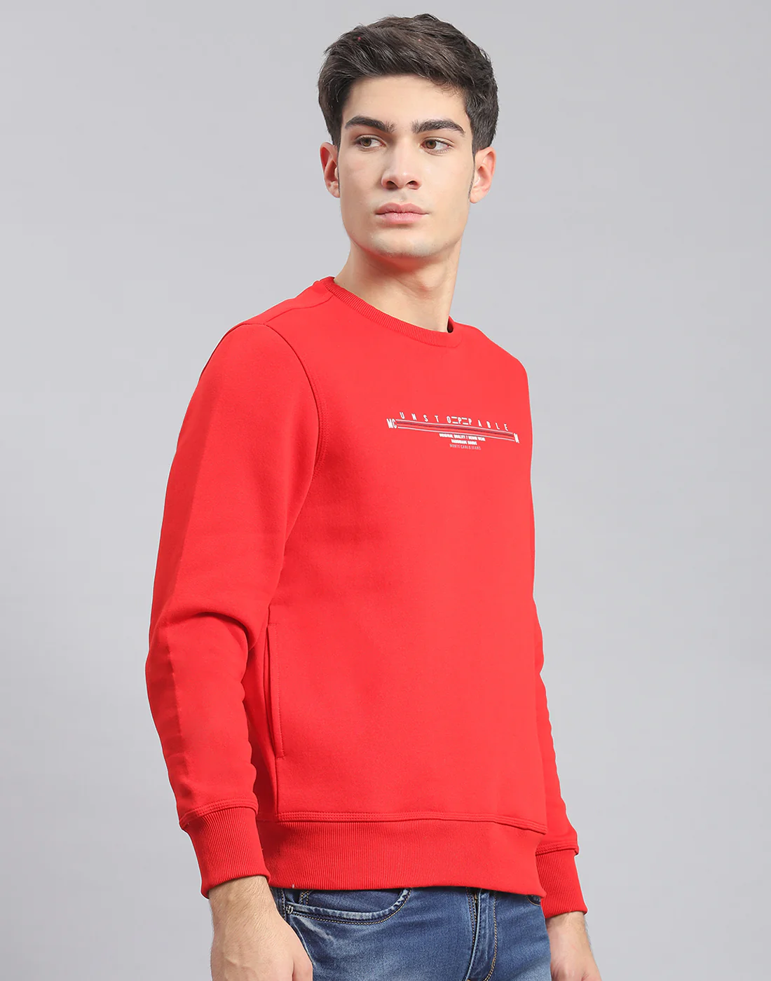 Men Red Solid Round Neck Full Sleeve Sweatshirt - Image 4