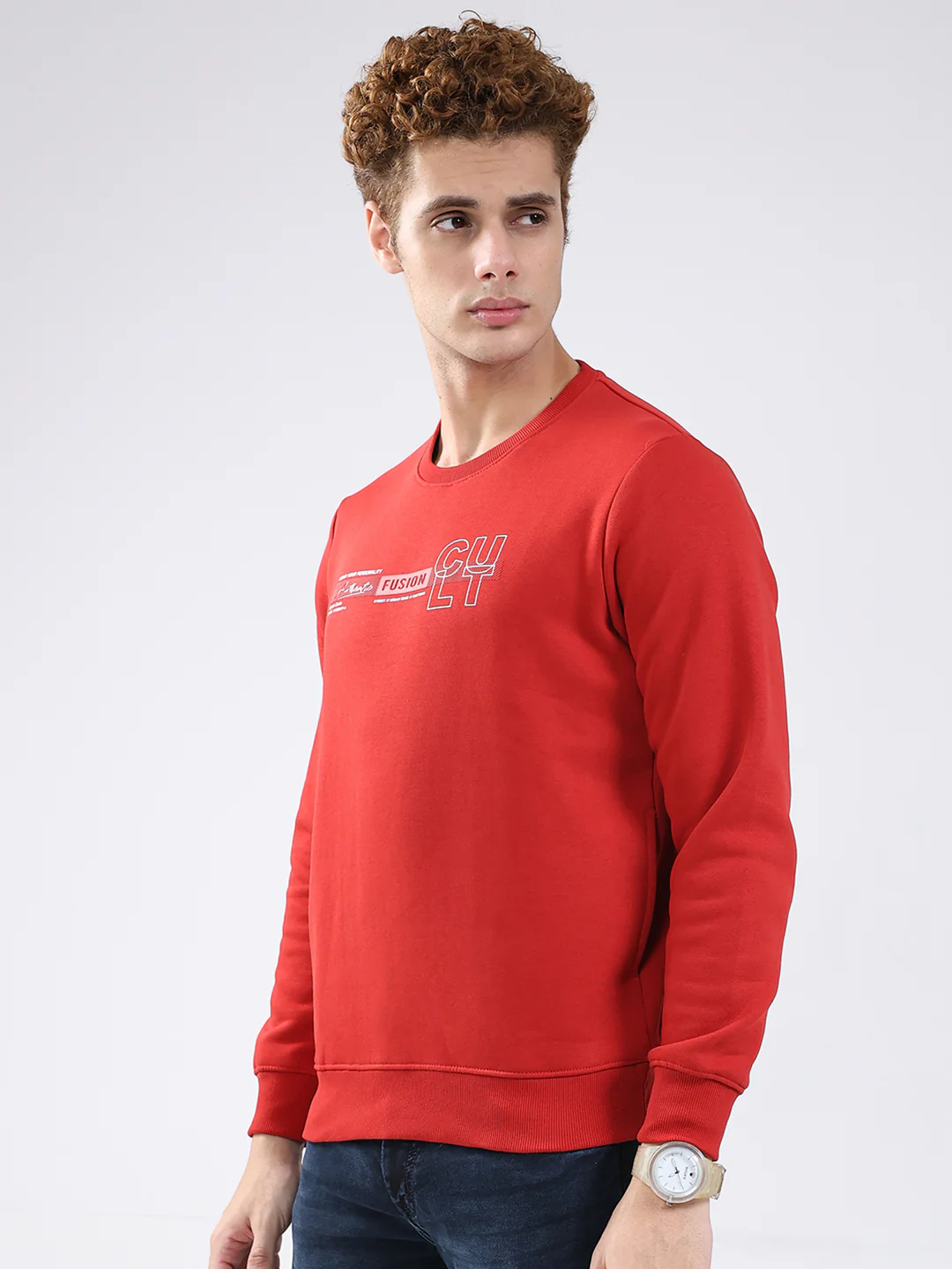 Men Red Solid Round Neck Full Sleeve Sweatshirt - Image 3