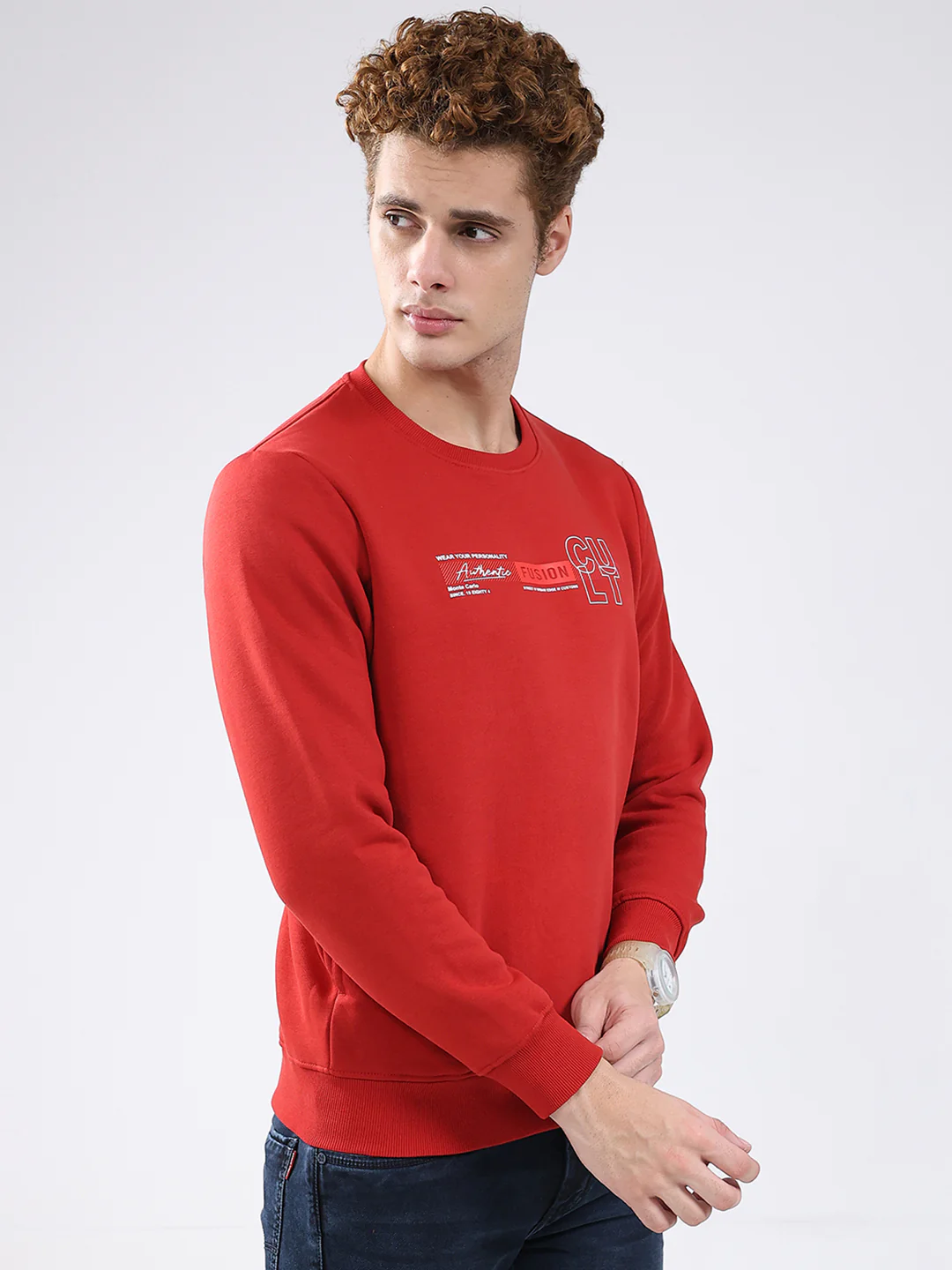 Men Red Solid Round Neck Full Sleeve Sweatshirt - Image 4