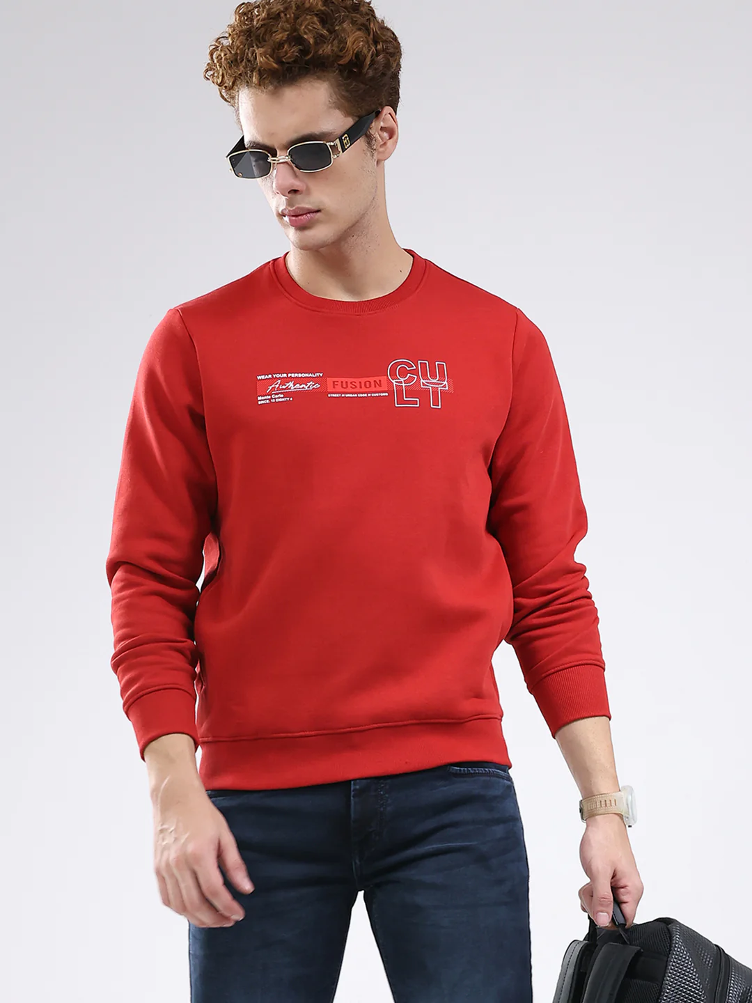 Men Red Solid Round Neck Full Sleeve Sweatshirt - Image 6