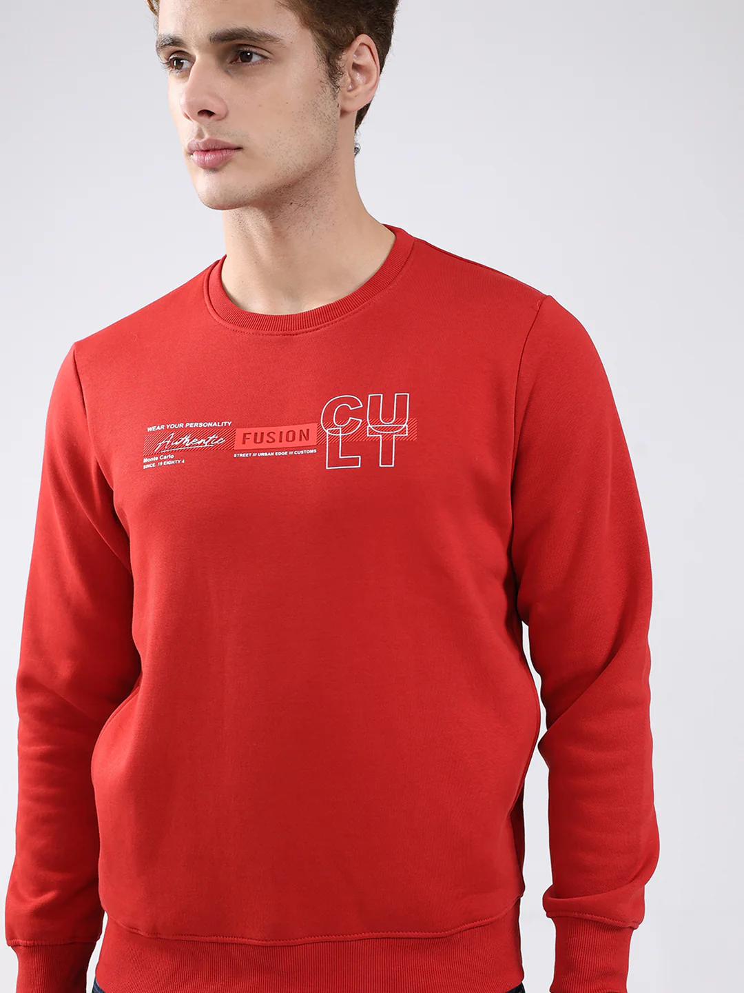 Men Red Solid Round Neck Full Sleeve Sweatshirt - Image 7