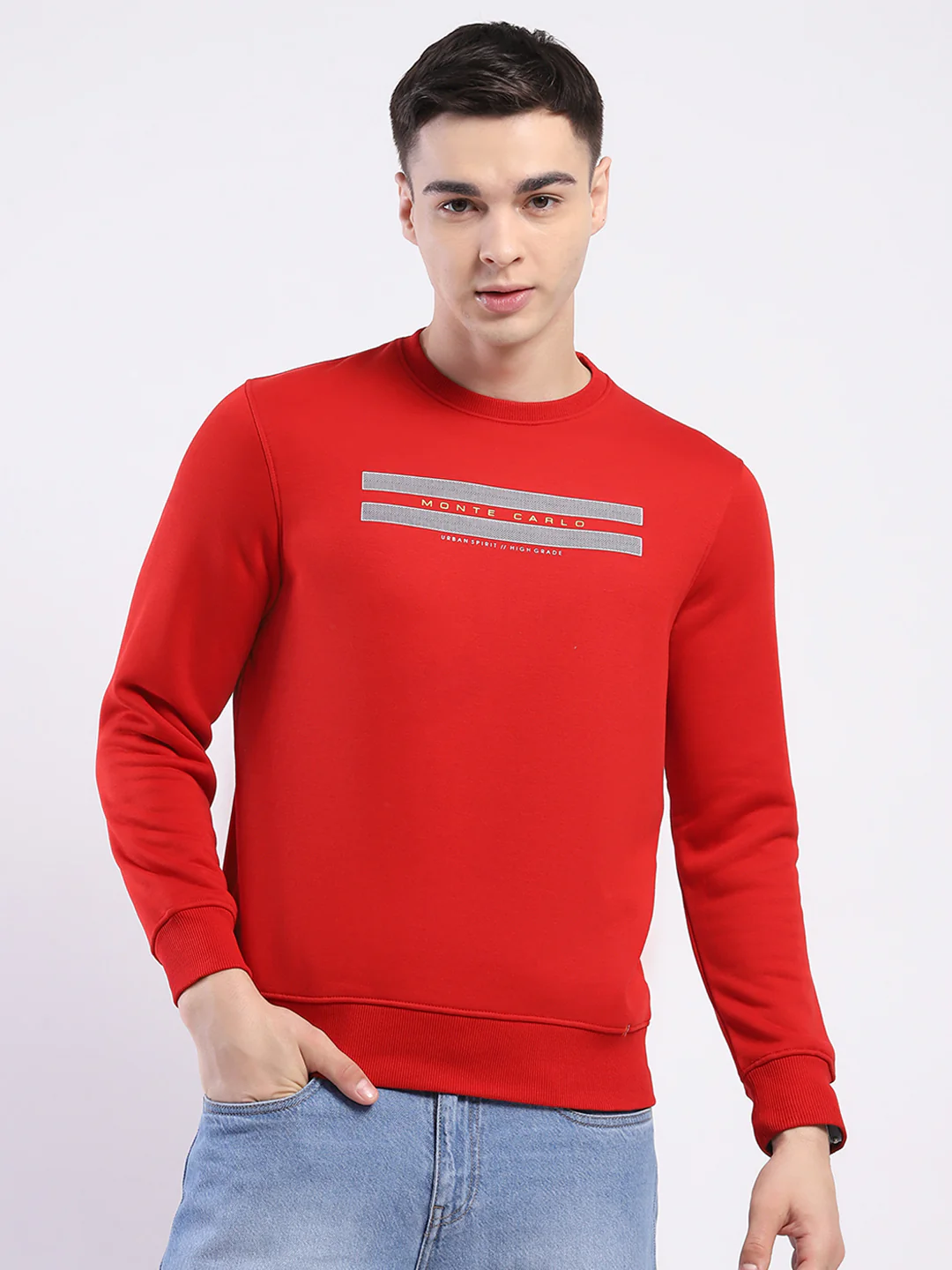 Men Red Solid Round Neck Full Sleeve Sweatshirt