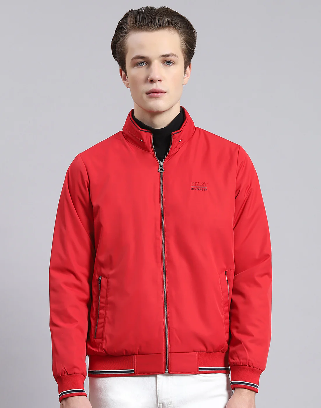 Men Red Solid Stand Collar Full Sleeve Jacket - Image 2