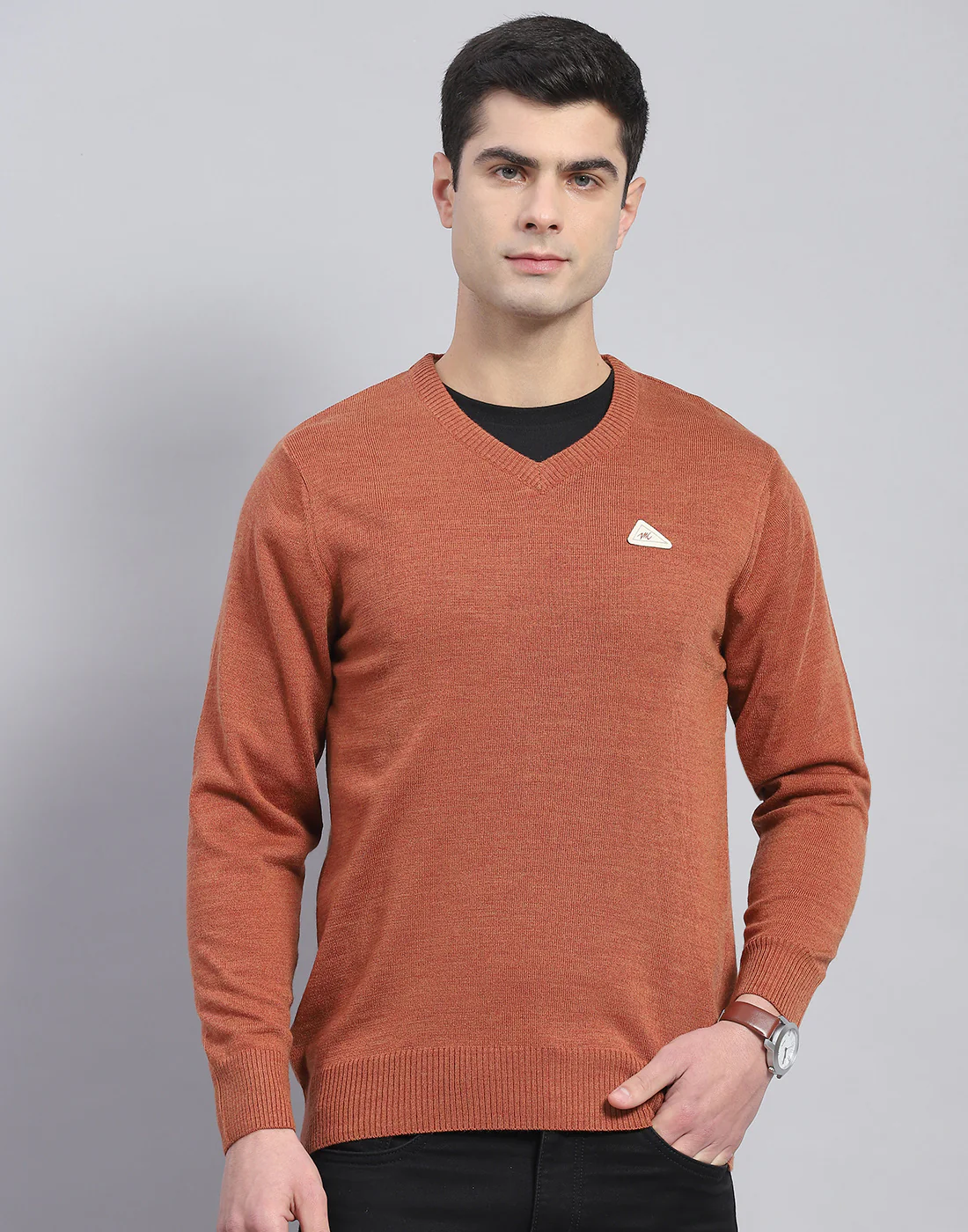 Men Red Solid V Neck Full Sleeve Pullover - Image 3