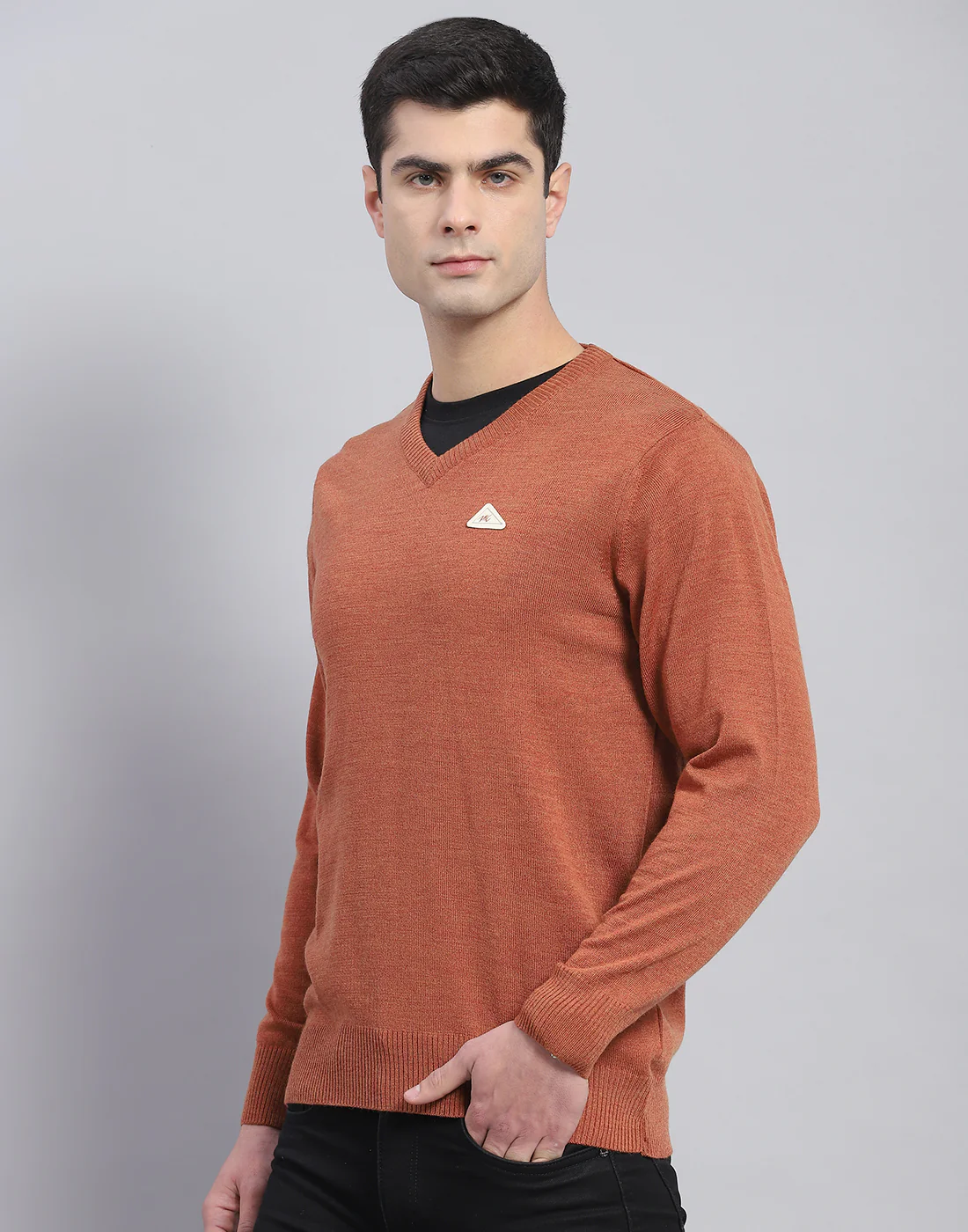 Men Red Solid V Neck Full Sleeve Pullover - Image 4