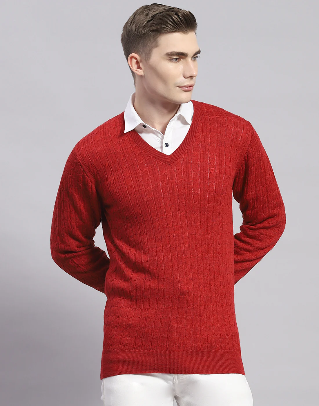 Men Red Solid V Neck Full Sleeve Pullover - Image 2
