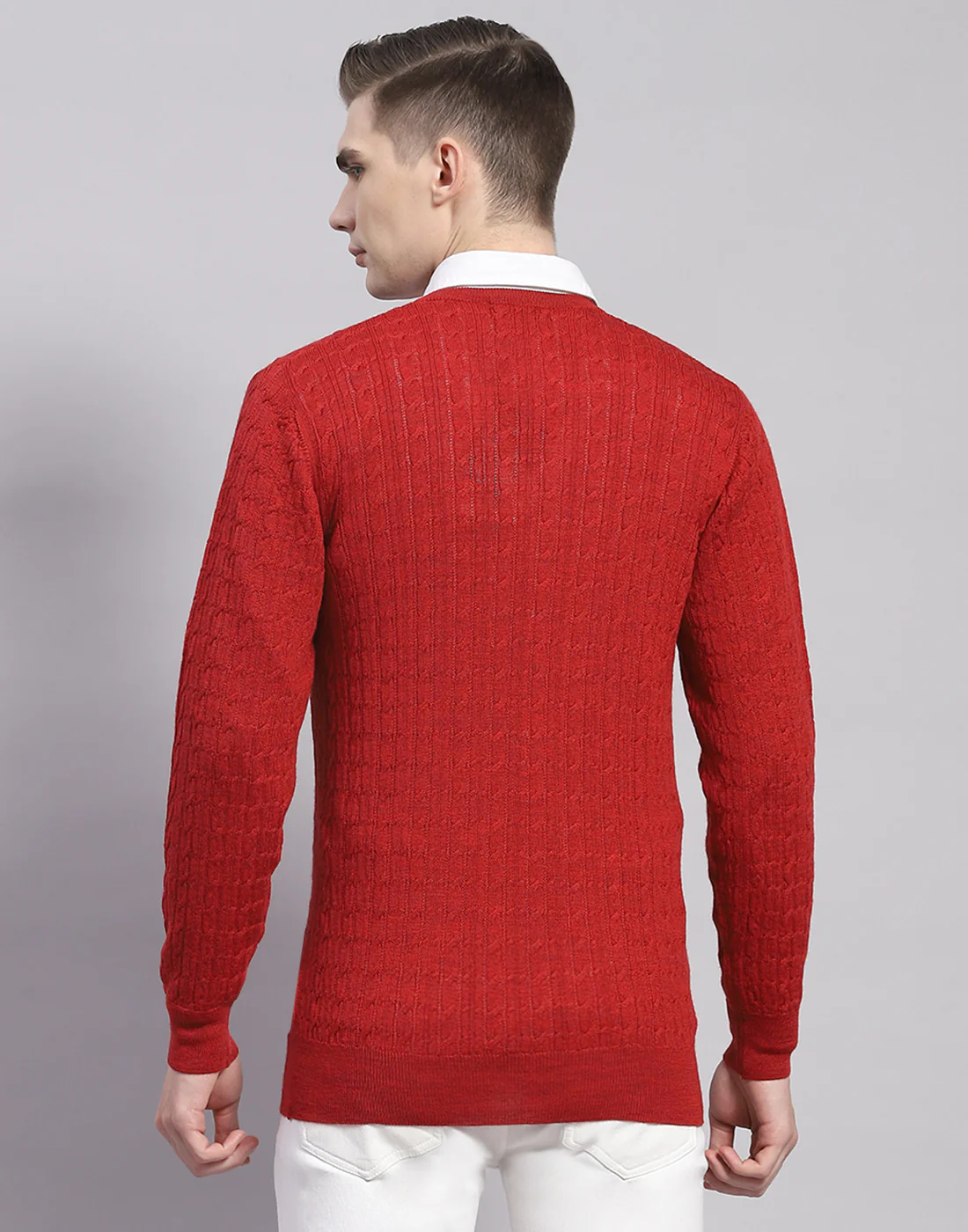 Men Red Solid V Neck Full Sleeve Pullover - Image 5