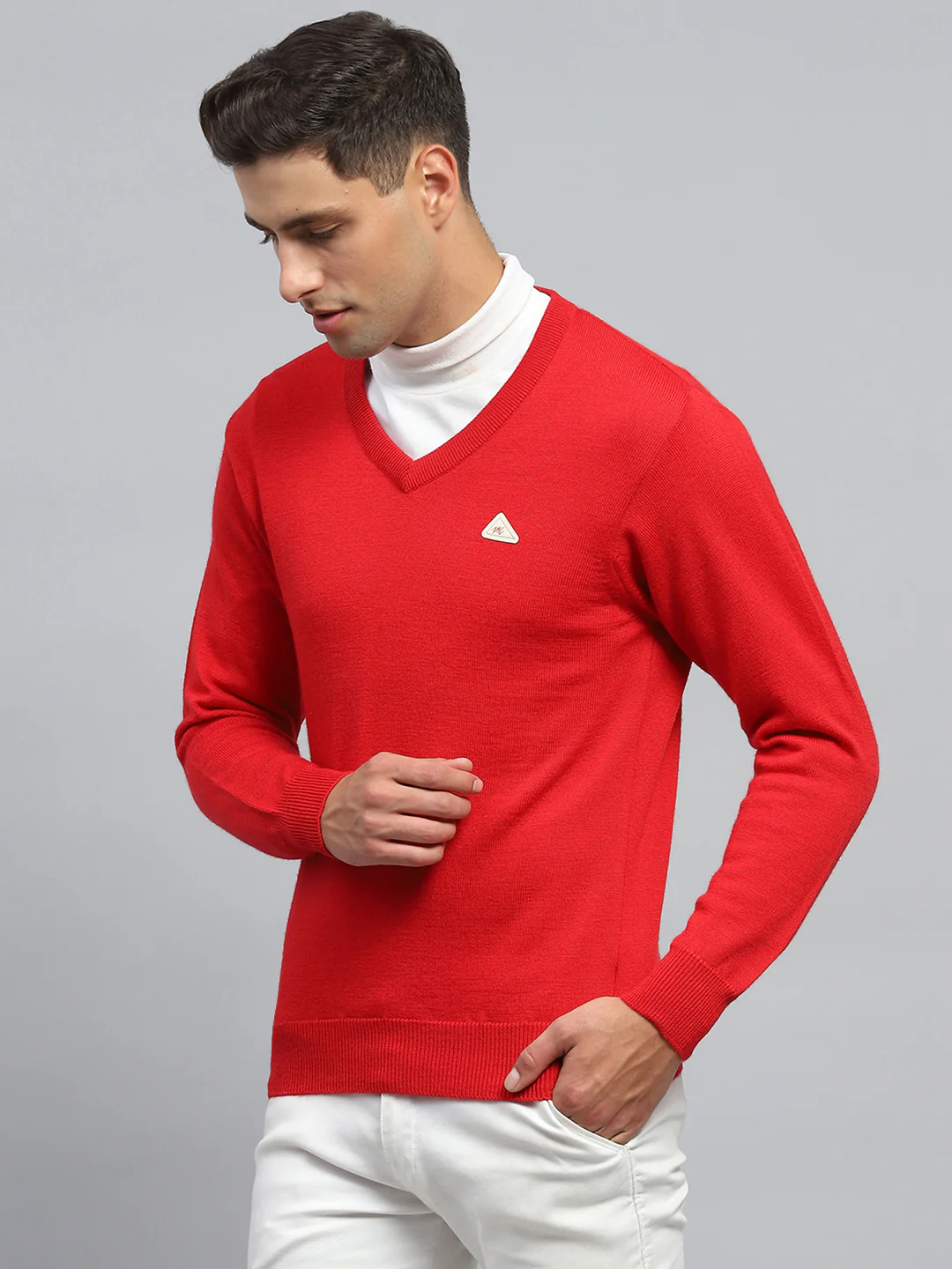 Men Red Solid V Neck Full Sleeve Pullover - Image 3