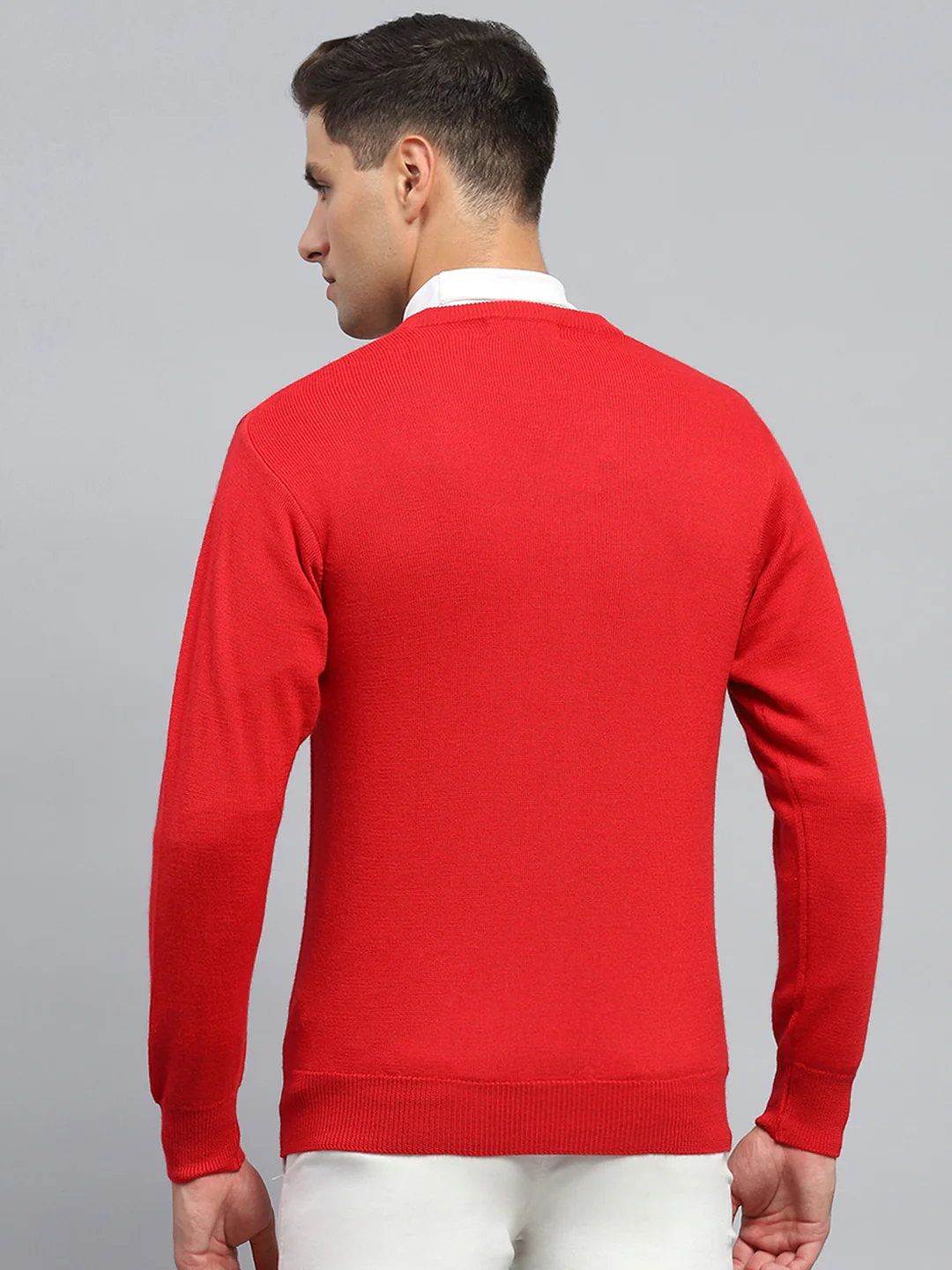 Men Red Solid V Neck Full Sleeve Pullover - Image 5