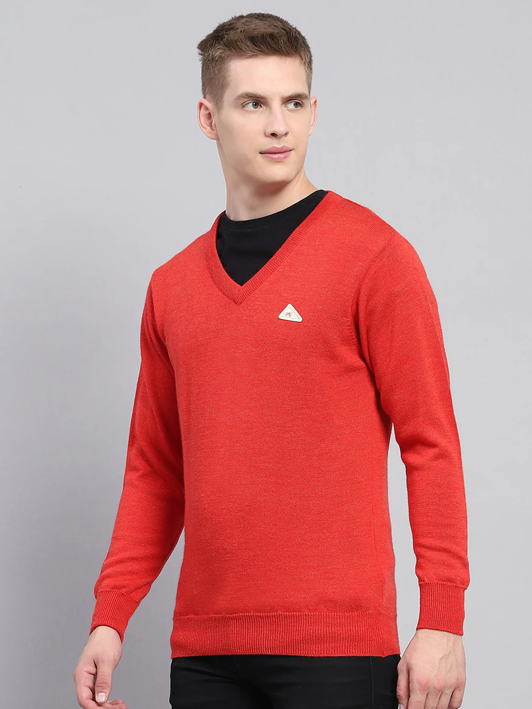 Men Red Solid V Neck Full Sleeve Pullover - Image 3