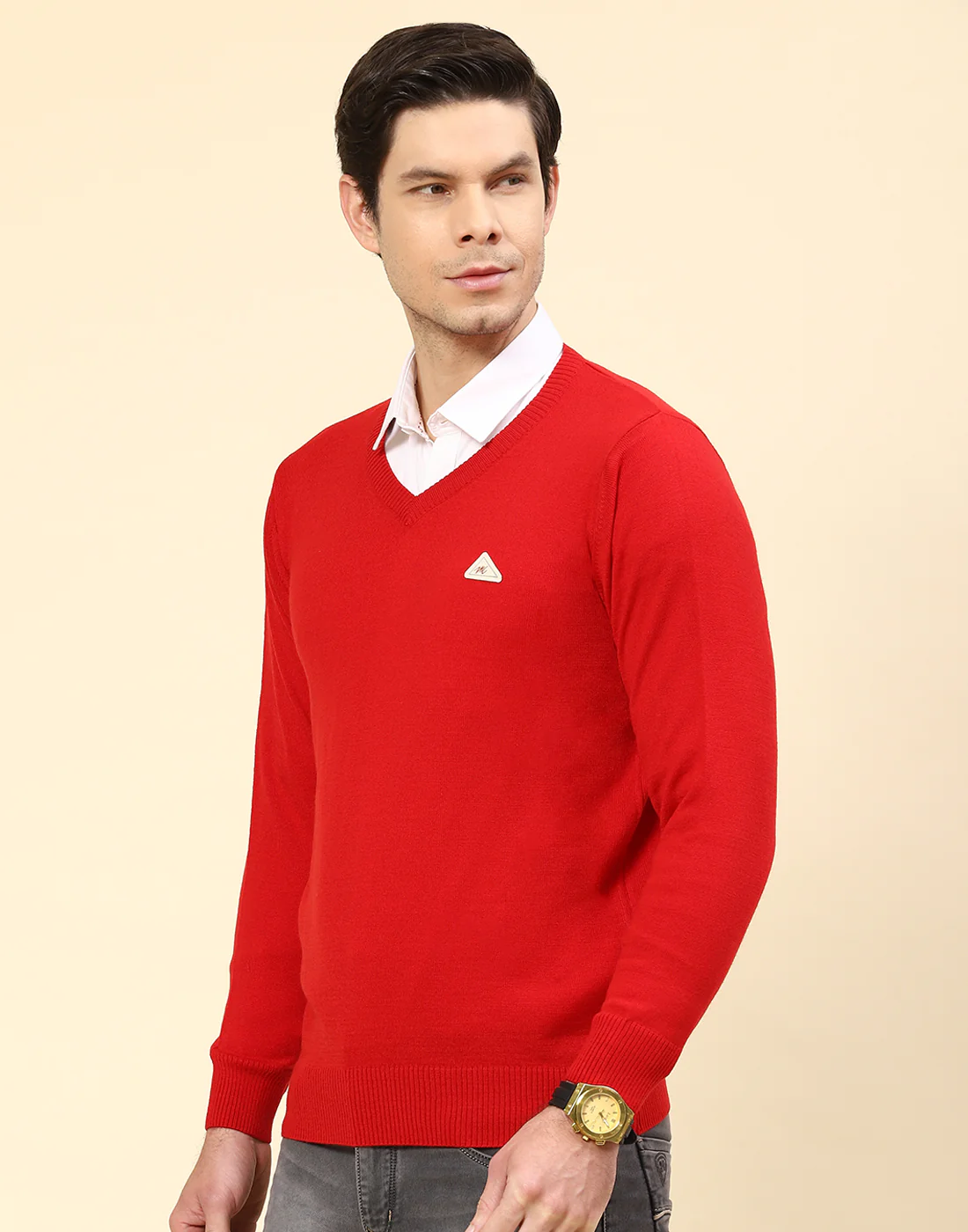 Men Red Solid V Neck Full Sleeve Pullover - Image 3