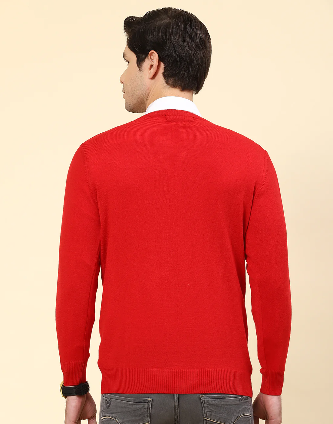 Men Red Solid V Neck Full Sleeve Pullover - Image 5