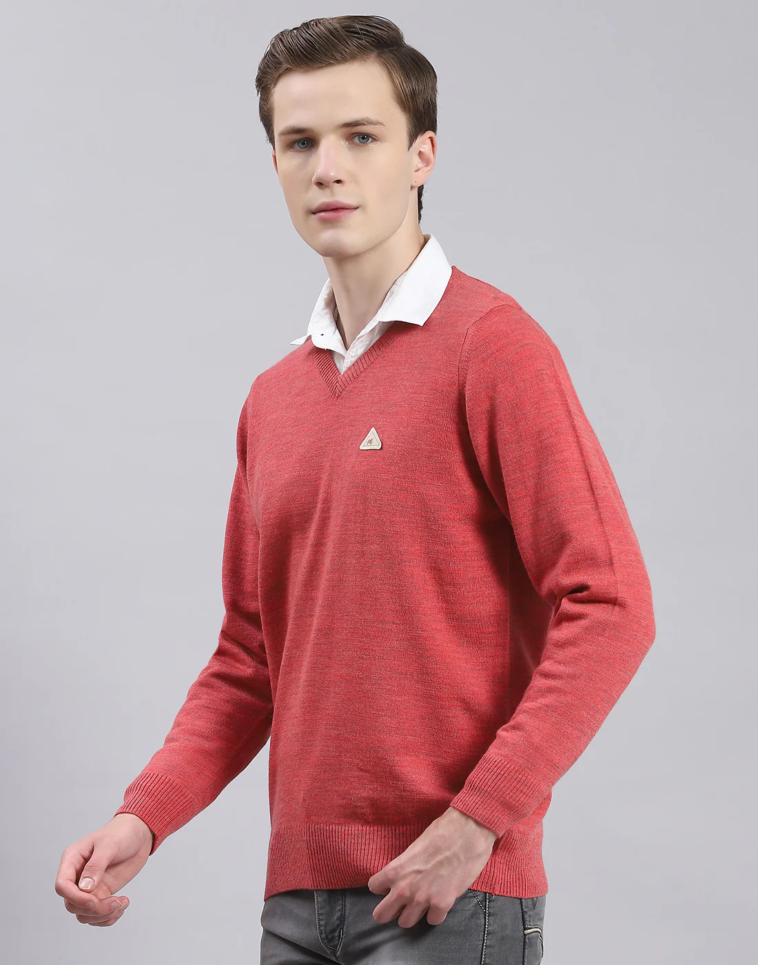 Men Red Solid V Neck Full Sleeve Pullover - Image 3