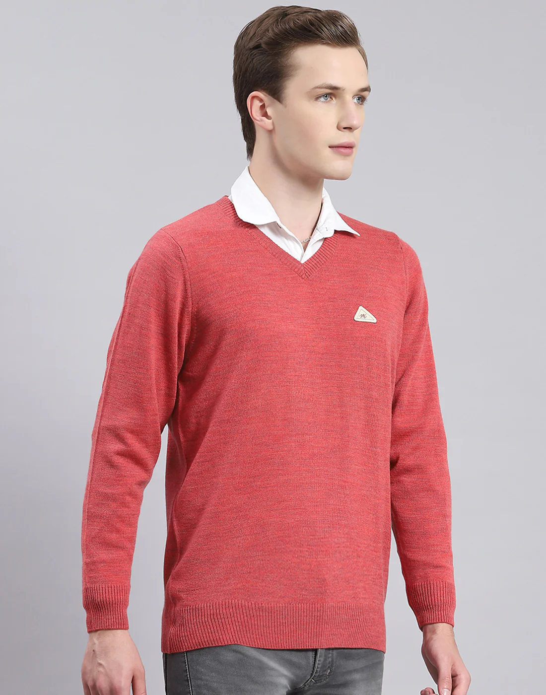 Men Red Solid V Neck Full Sleeve Pullover - Image 4