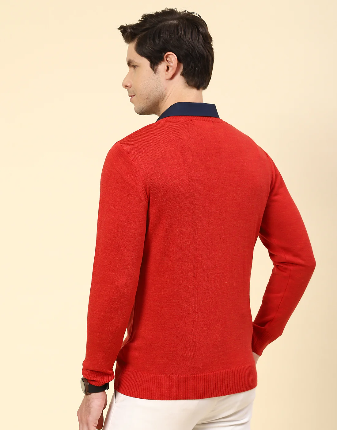 Men Red Solid V Neck Full Sleeve Pullover - Image 5