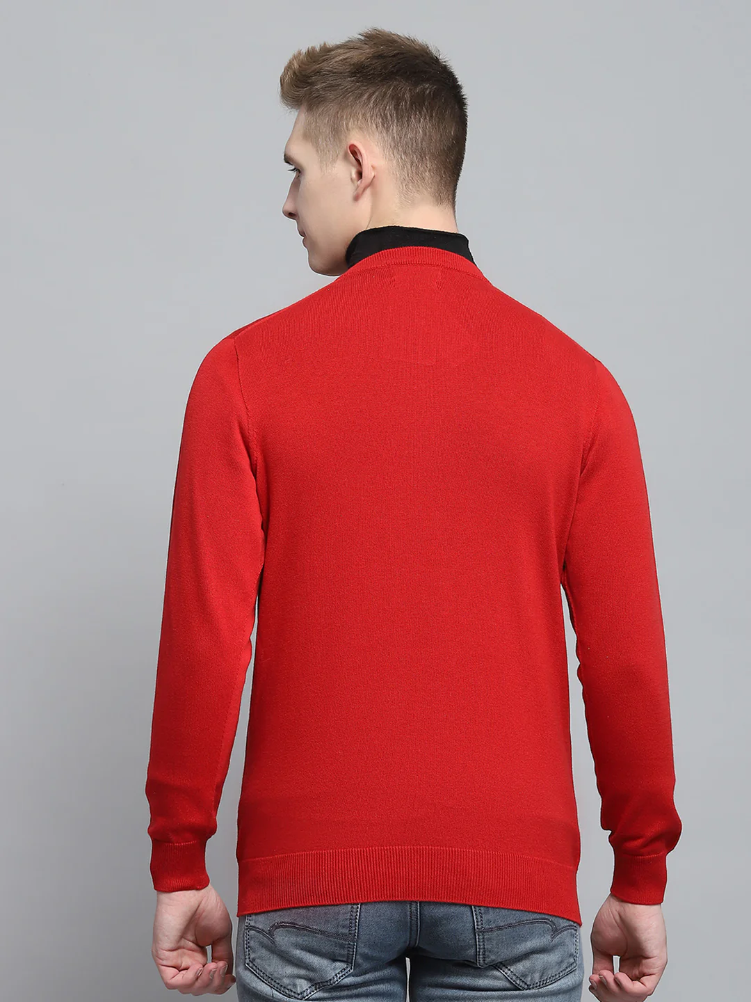 Men Red Solid V Neck Full Sleeve Pullover - Image 5