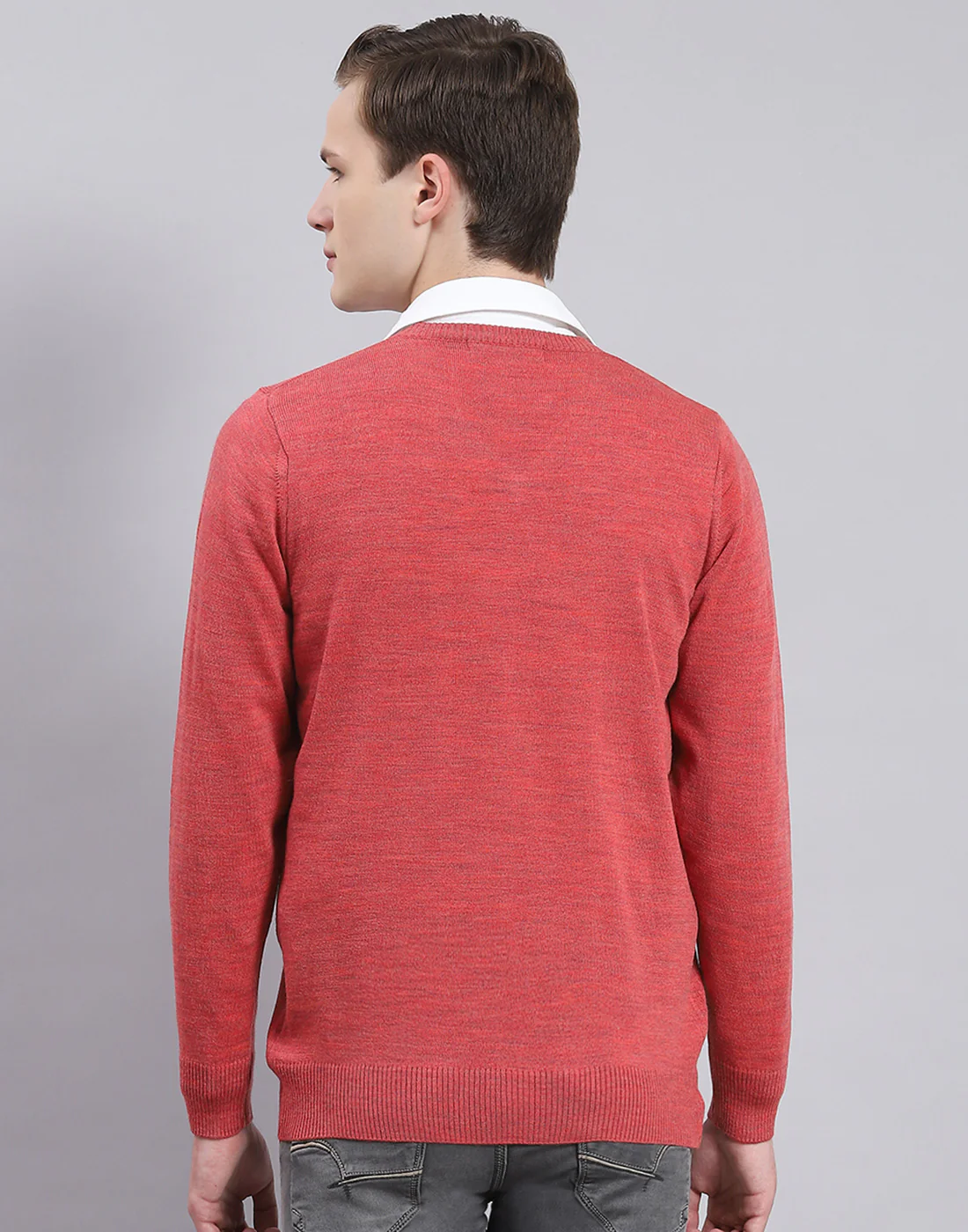 Men Red Solid V Neck Full Sleeve Sweater - Image 5