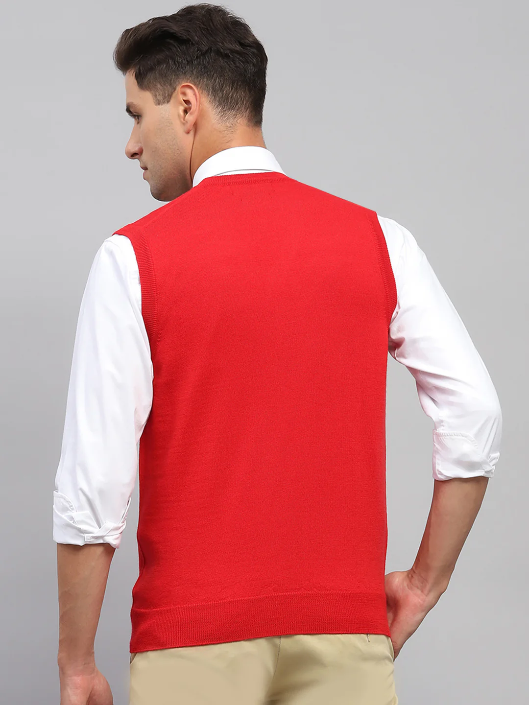 Men Red Solid V Neck Sleeveless Sweater - Image 5