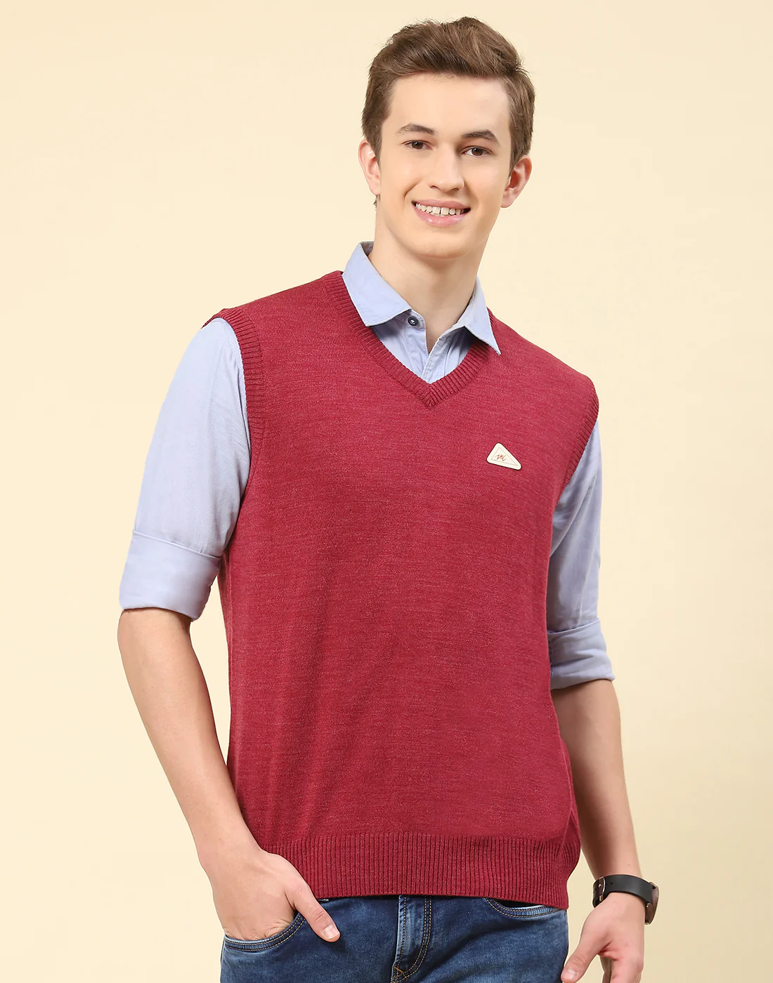 Men Red Solid V Neck Sleeveless Sweater - Image 2