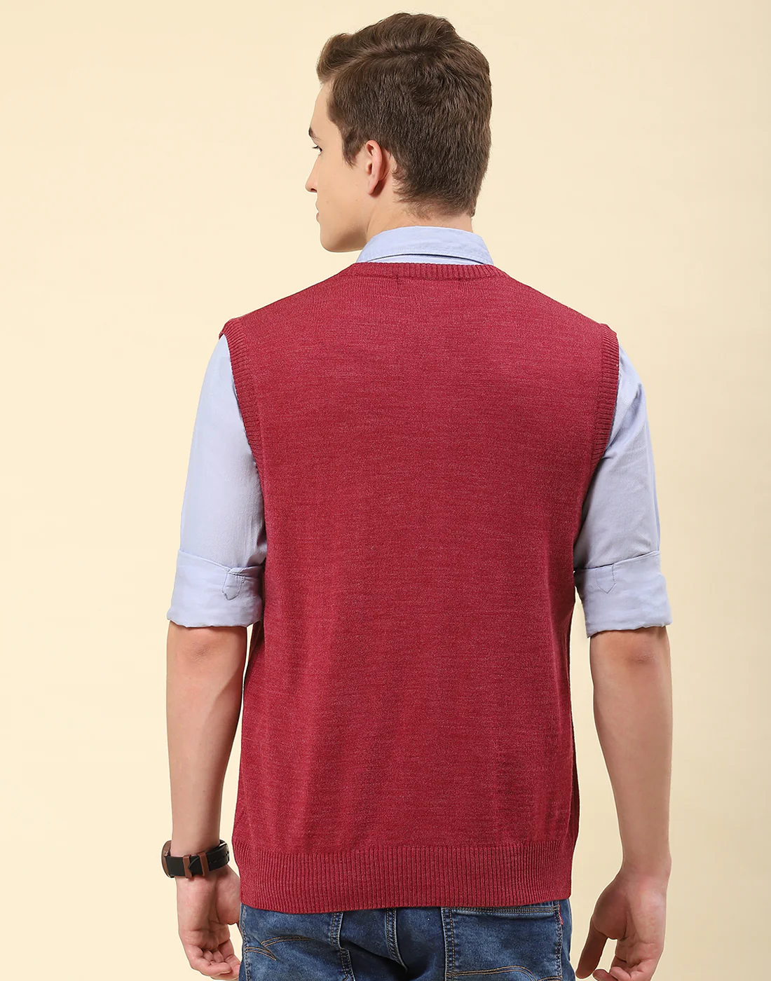 Men Red Solid V Neck Sleeveless Sweater - Image 5