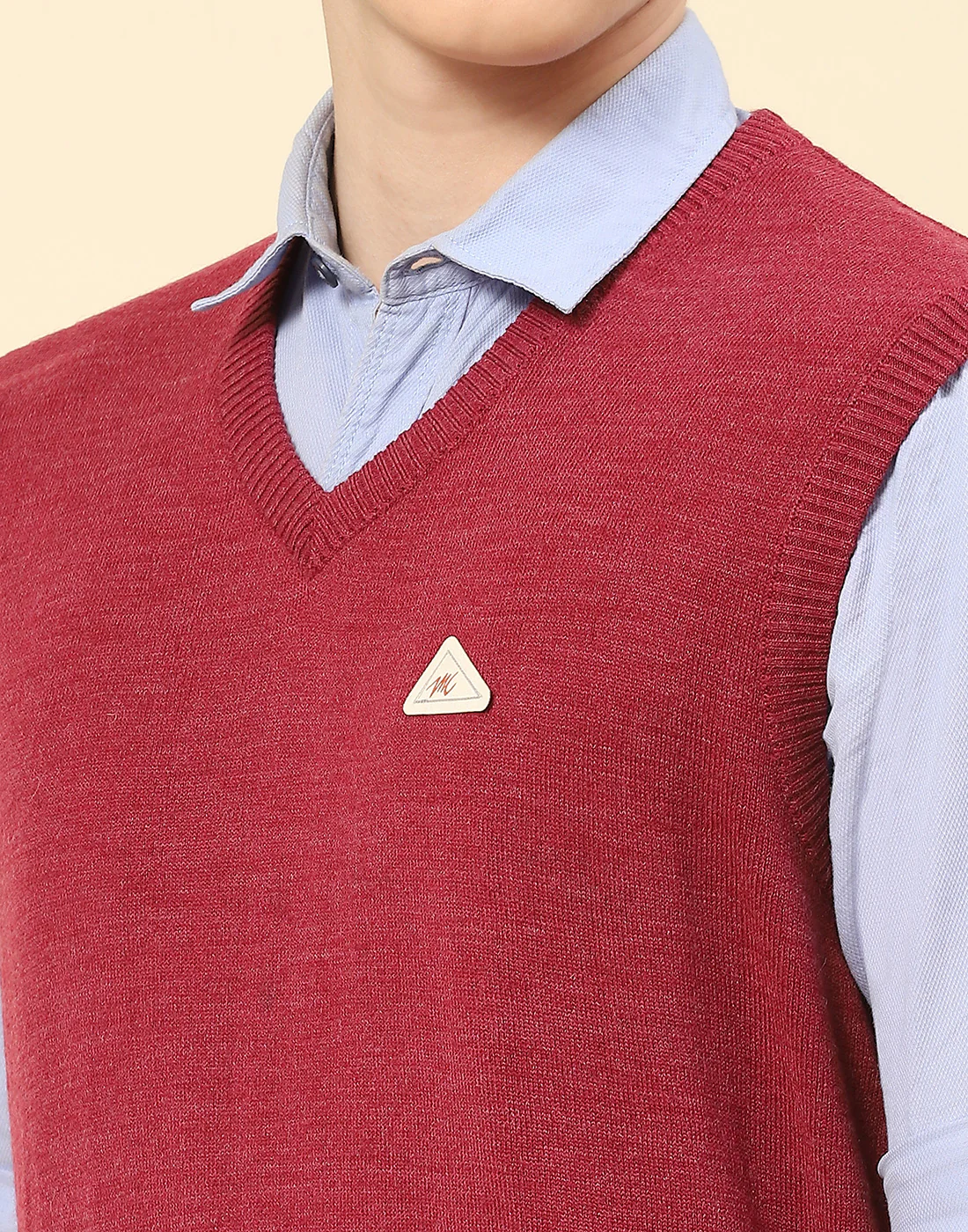 Men Red Solid V Neck Sleeveless Sweater - Image 6
