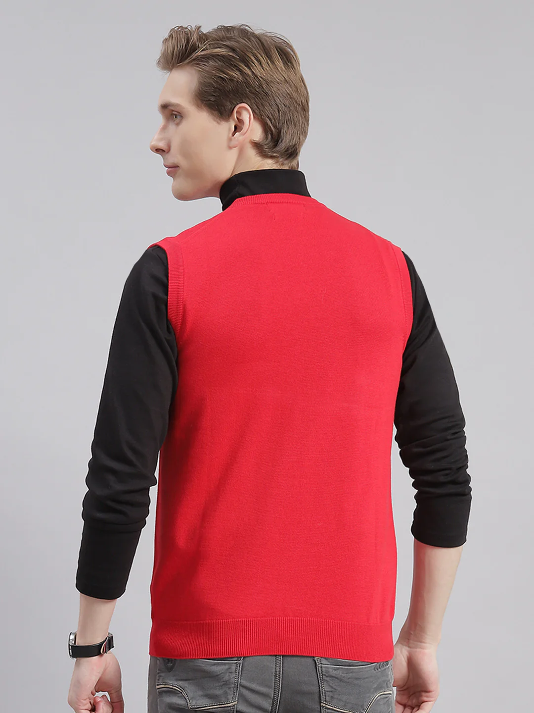 Men Red Solid V Neck Sleeveless Sweaters/Pullovers - Image 6