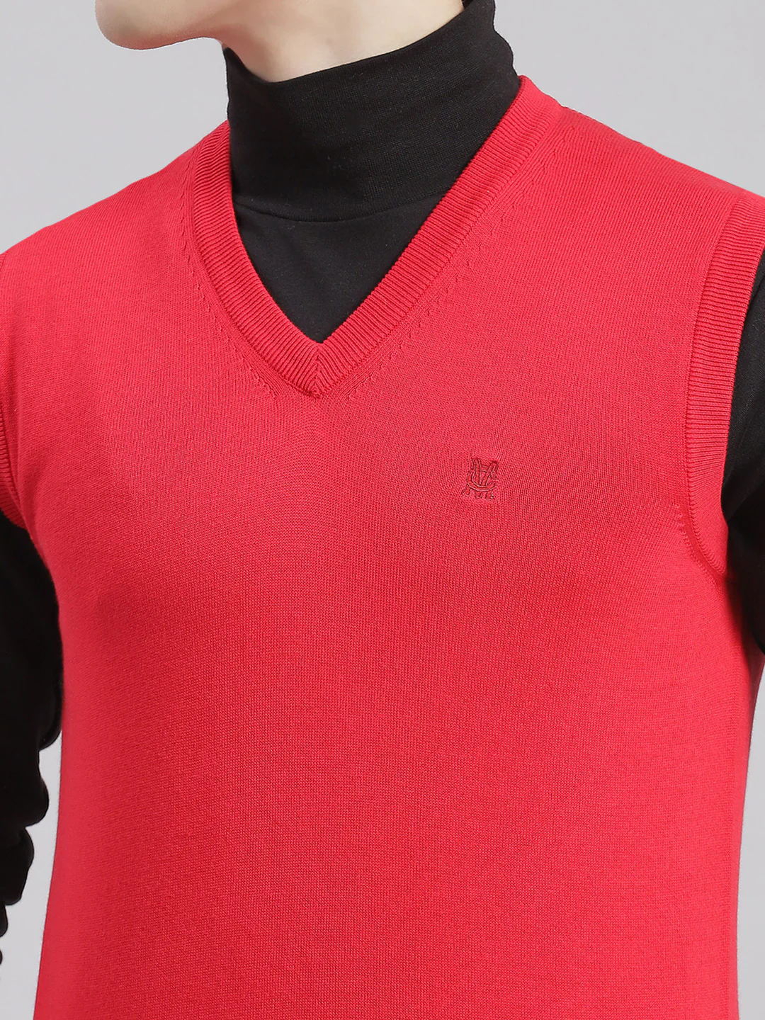Men Red Solid V Neck Sleeveless Sweaters/Pullovers - Image 7