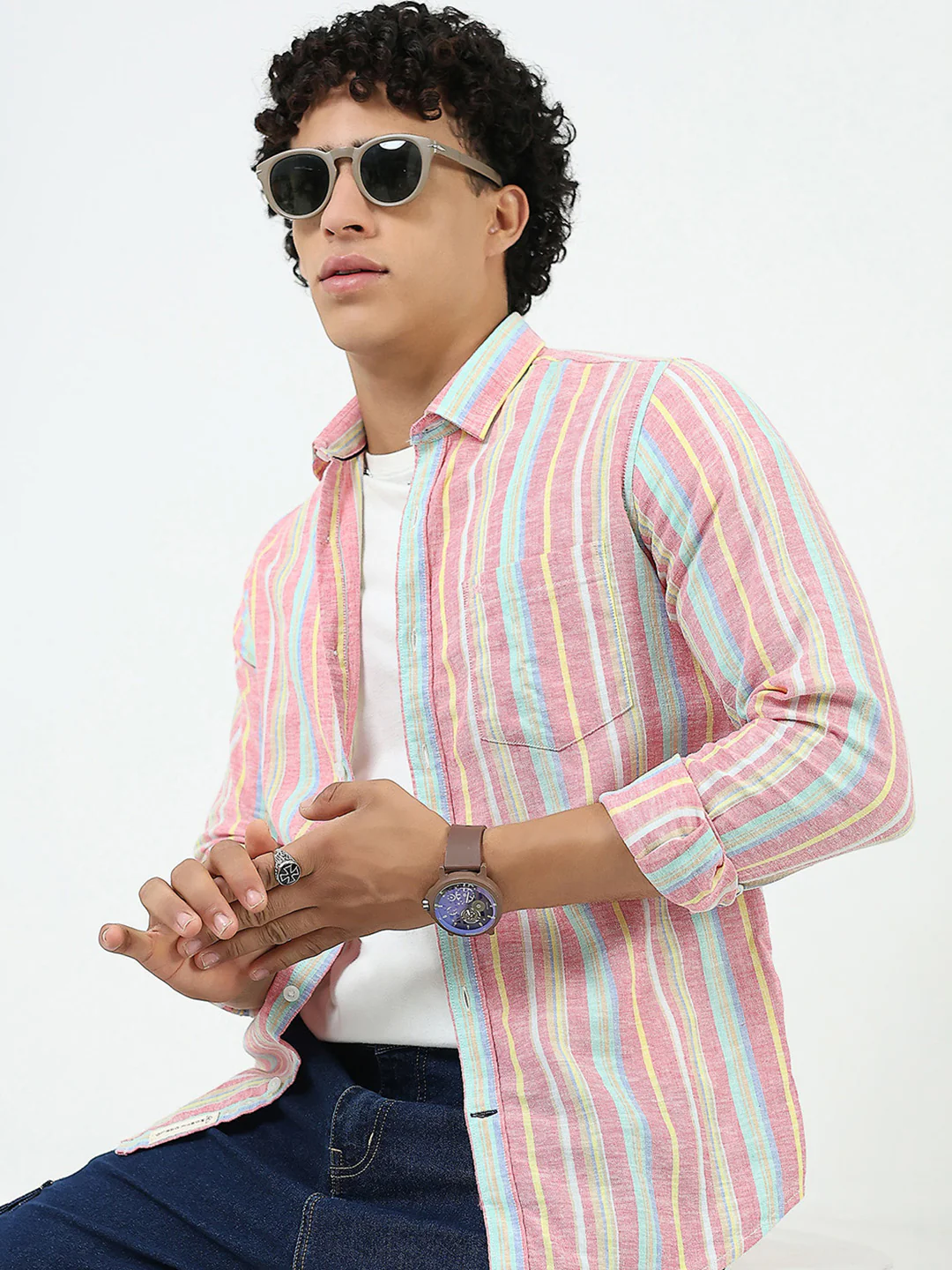 Men Red Stripe Collar Full Sleeve Linen Shirt - Image 6
