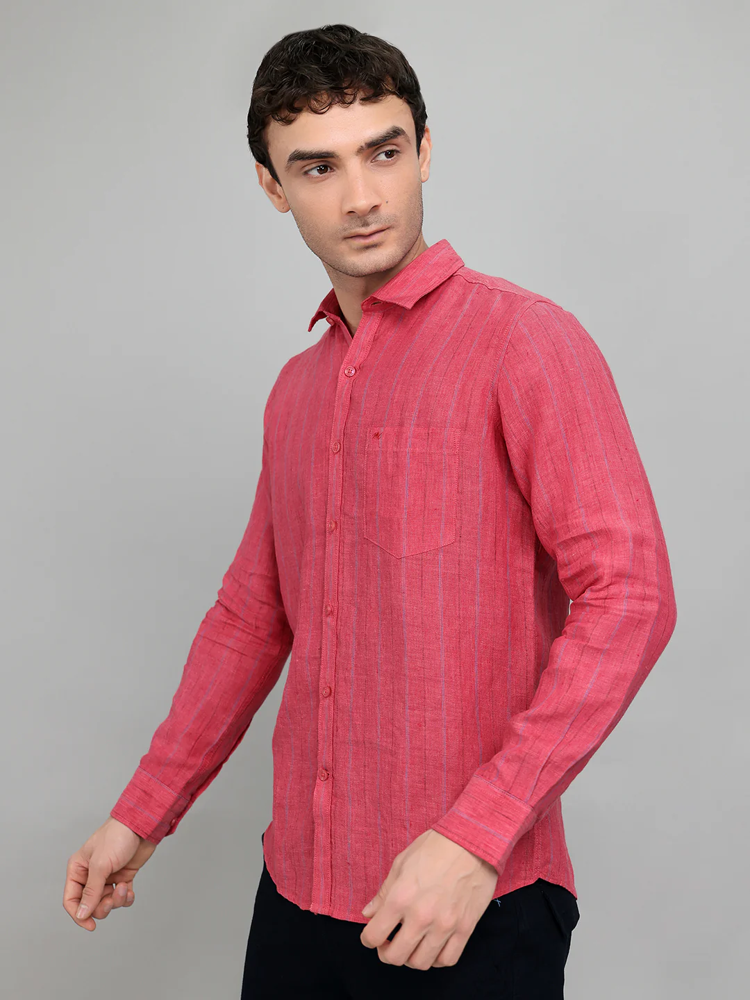 Men Red Stripe Collar Full Sleeve Shirt - Image 2
