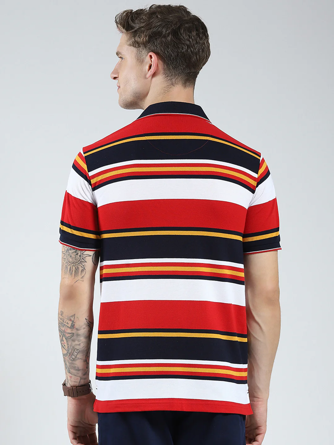 Men Red Stripe Collar Half Sleeve T-Shirt - Image 5
