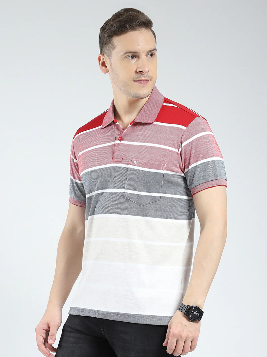 Men Red Stripe Collar Half Sleeve T-Shirt - Image 3