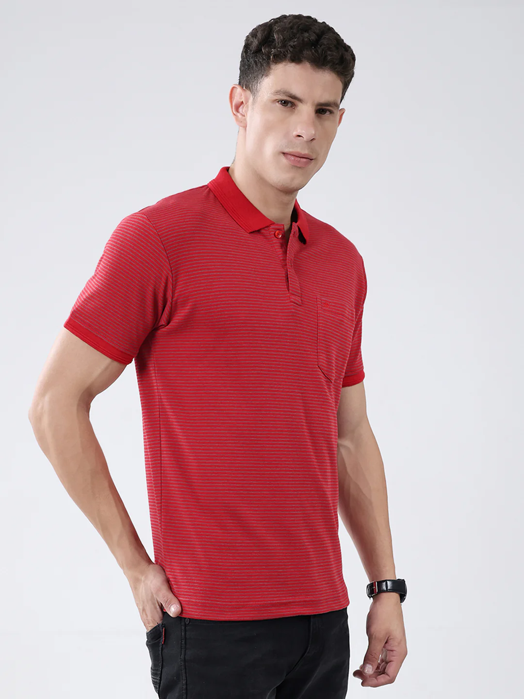 Men Red Stripe Collar Half Sleeve T-Shirt - Image 4