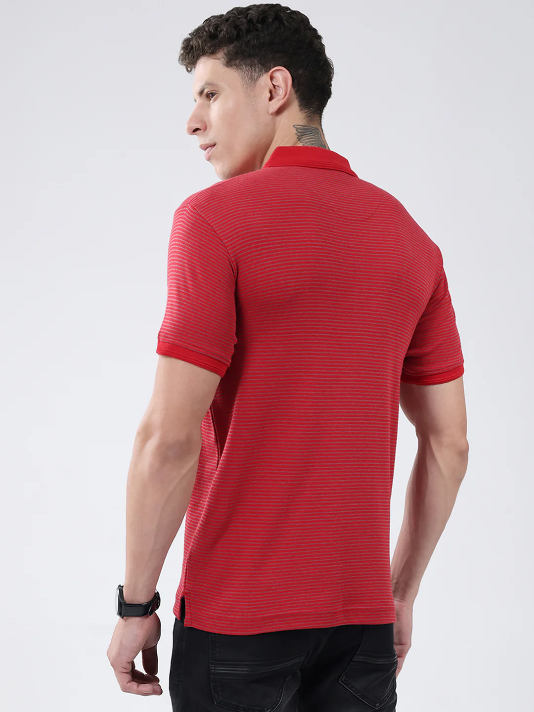 Men Red Stripe Collar Half Sleeve T-Shirt - Image 5