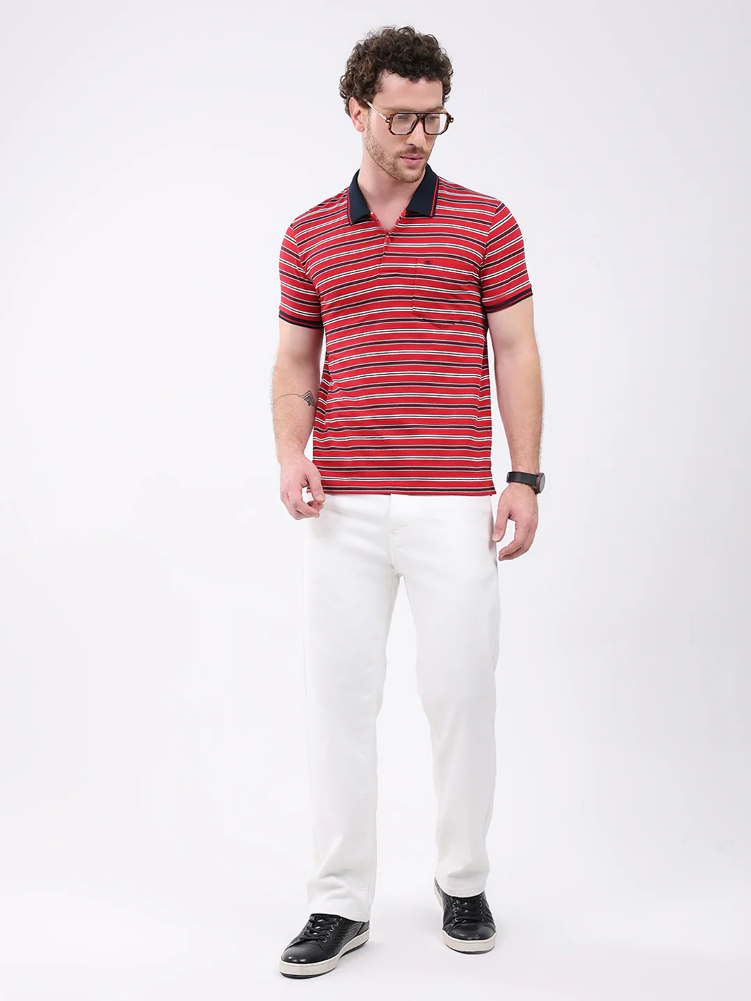 Men Red Stripe Collar Half Sleeve T-Shirt - Image 2