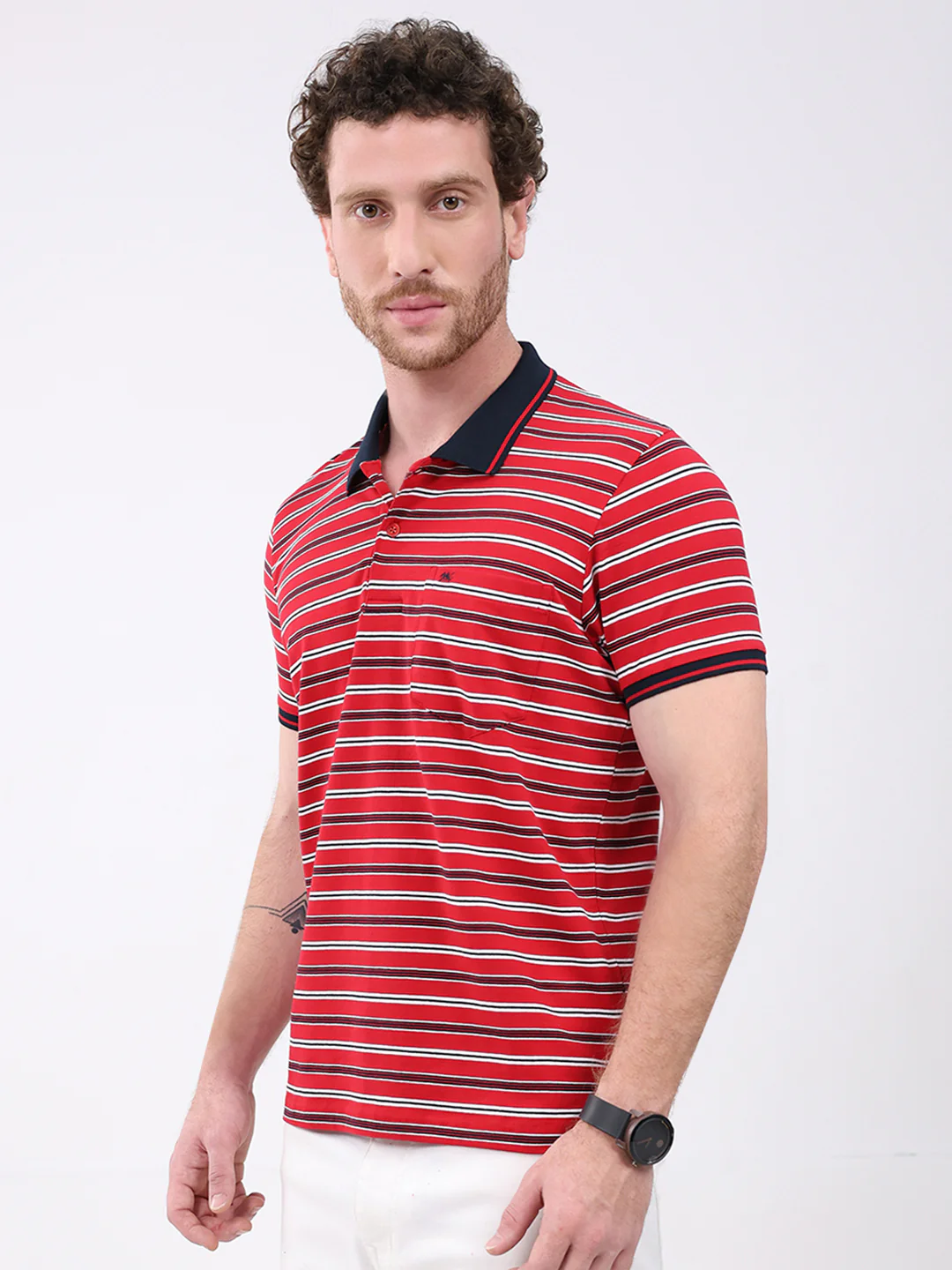 Men Red Stripe Collar Half Sleeve T-Shirt - Image 3