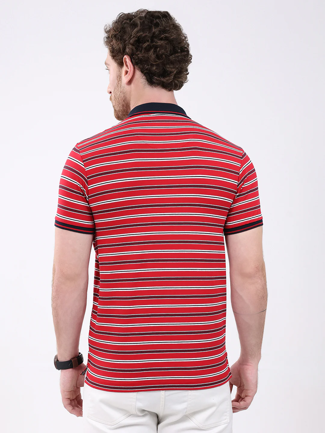 Men Red Stripe Collar Half Sleeve T-Shirt - Image 5