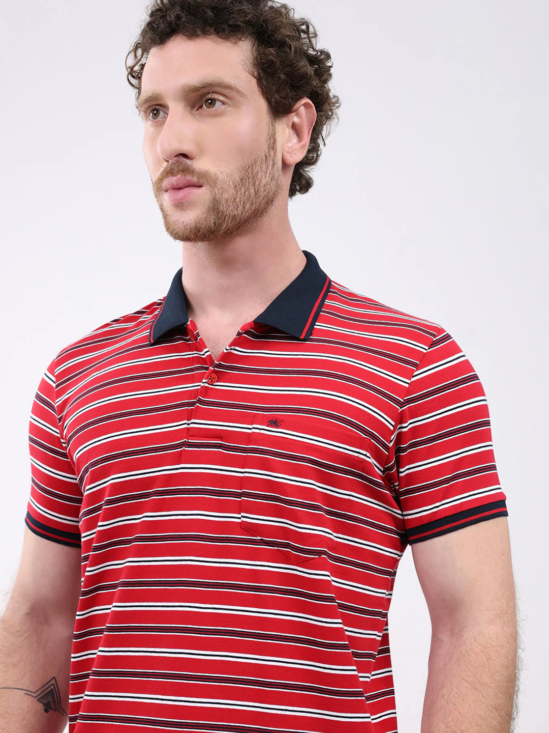 Men Red Stripe Collar Half Sleeve T-Shirt - Image 6