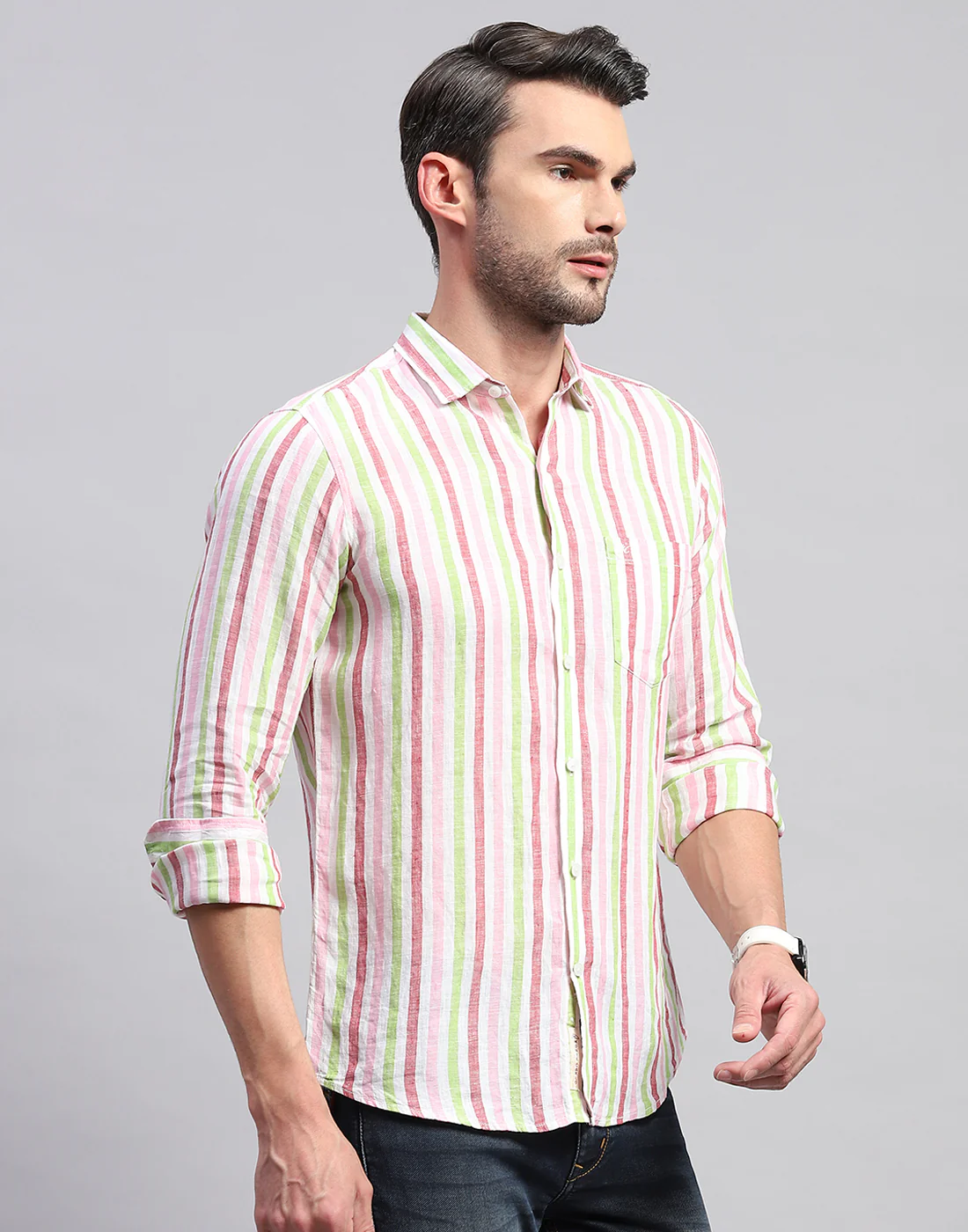 Men Red Stripe Collar Neck Full Sleeve Linen Shirt - Image 4