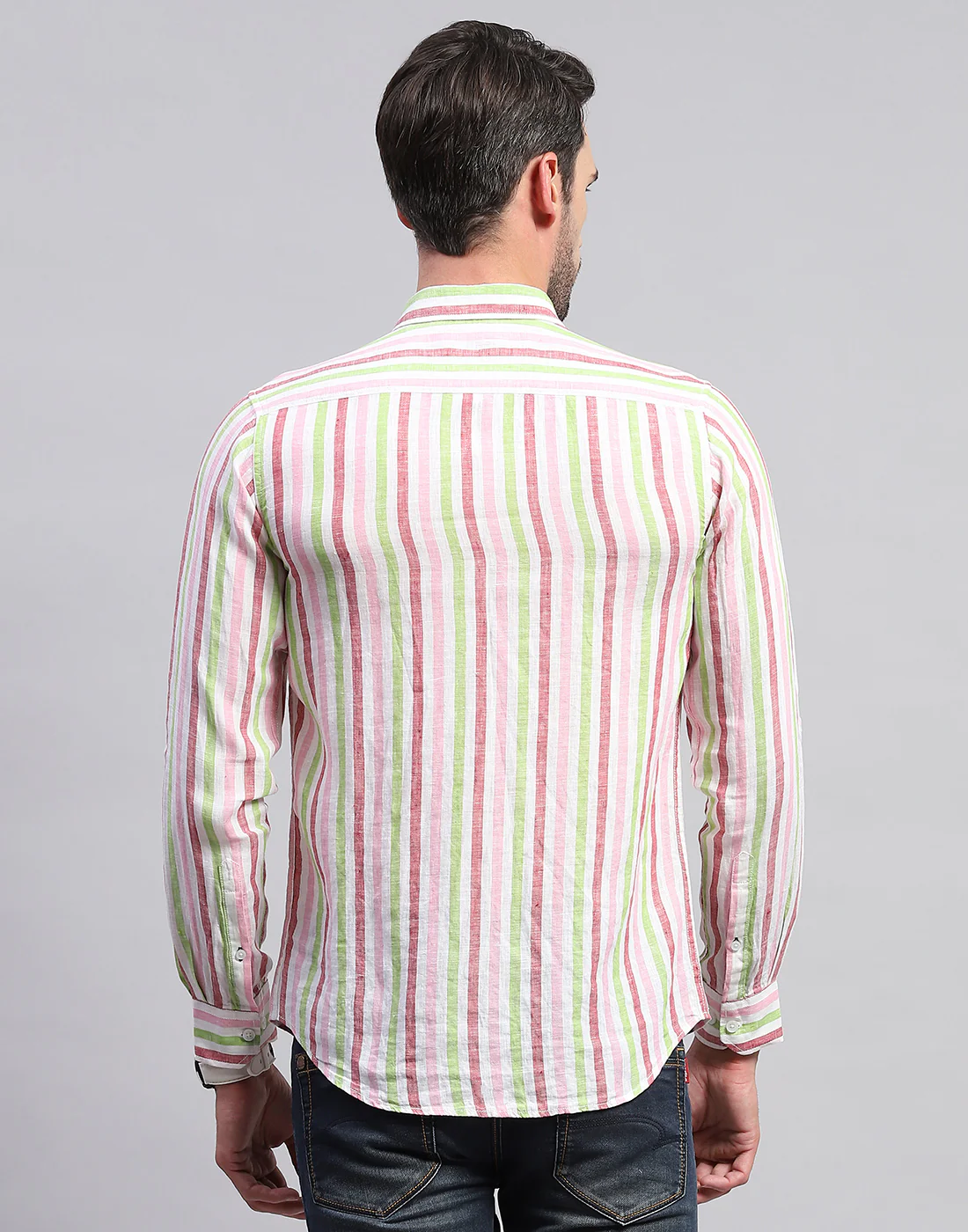 Men Red Stripe Collar Neck Full Sleeve Linen Shirt - Image 5