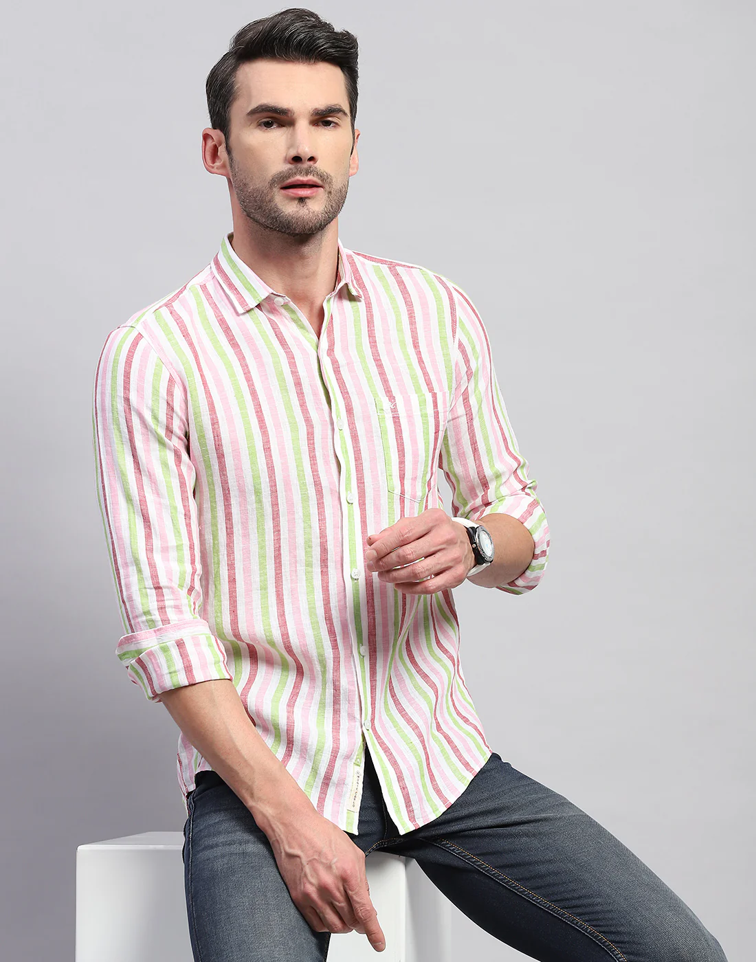 Men Red Stripe Collar Neck Full Sleeve Linen Shirt - Image 6