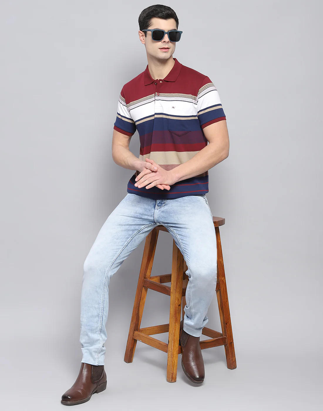 Men Red Stripe Polo Collar Half Sleeve T-Shirt - Image 2