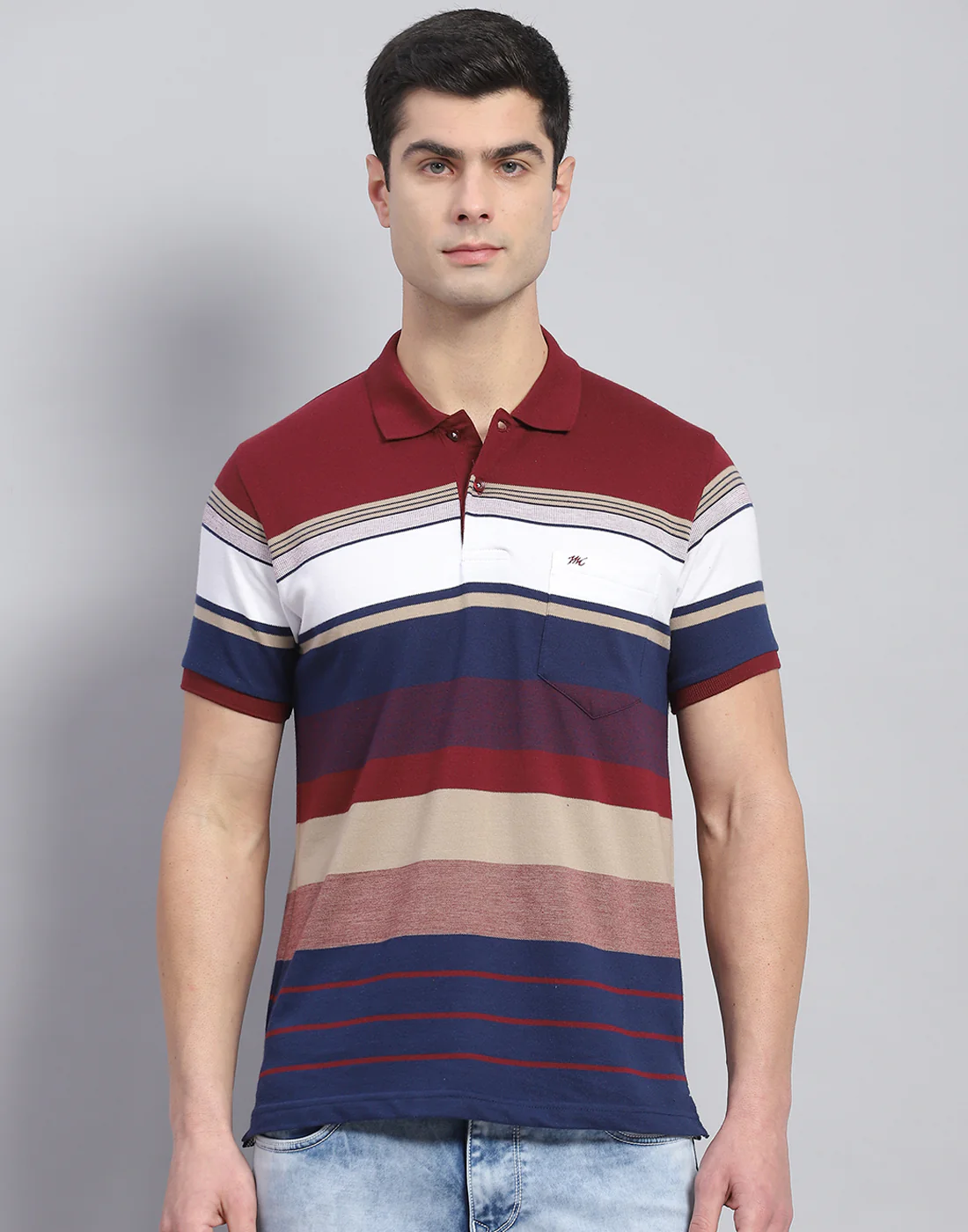 Men Red Stripe Polo Collar Half Sleeve T-Shirt - Image 3