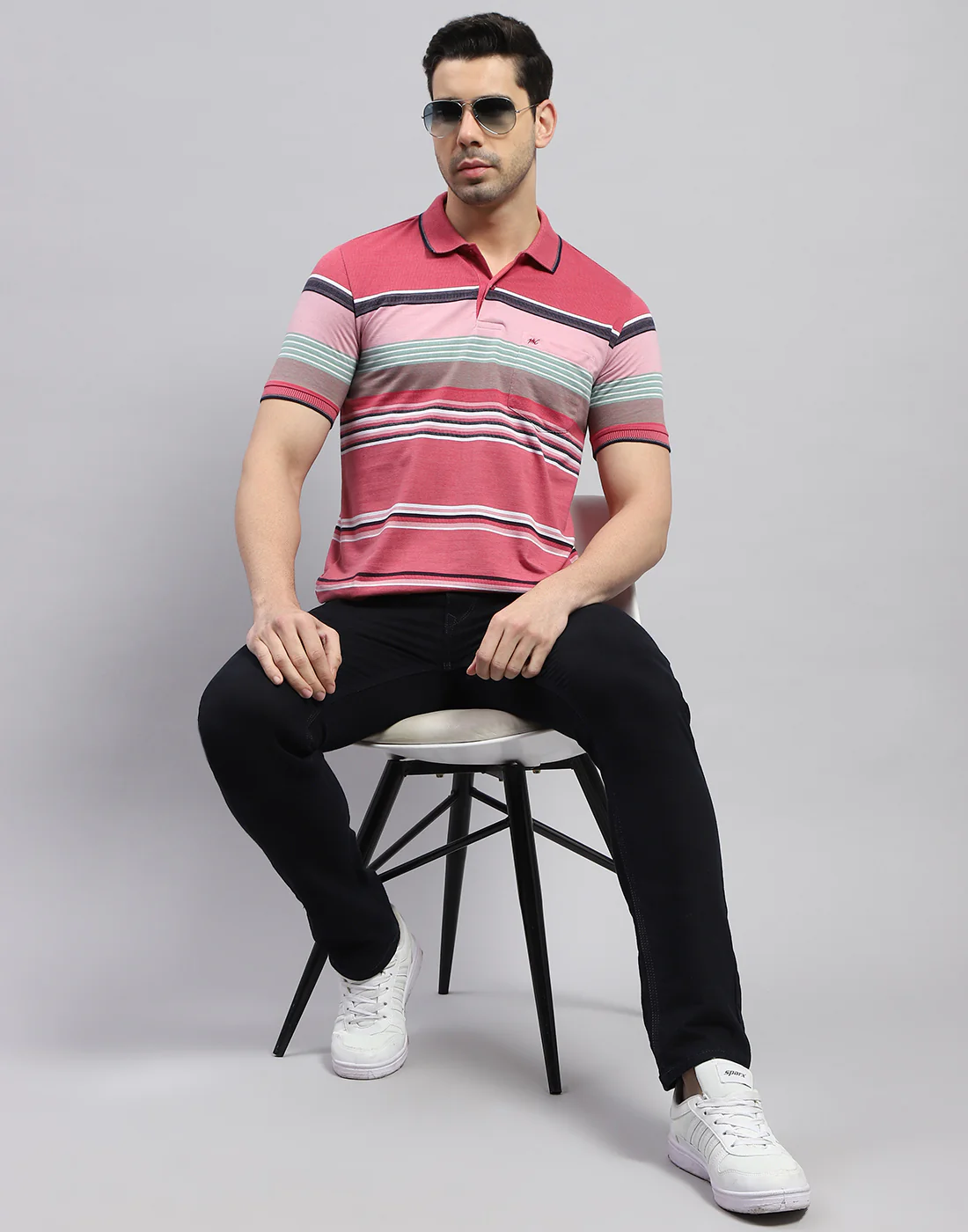 Men Red Stripe Polo Collar Half Sleeve T-Shirt - Image 2